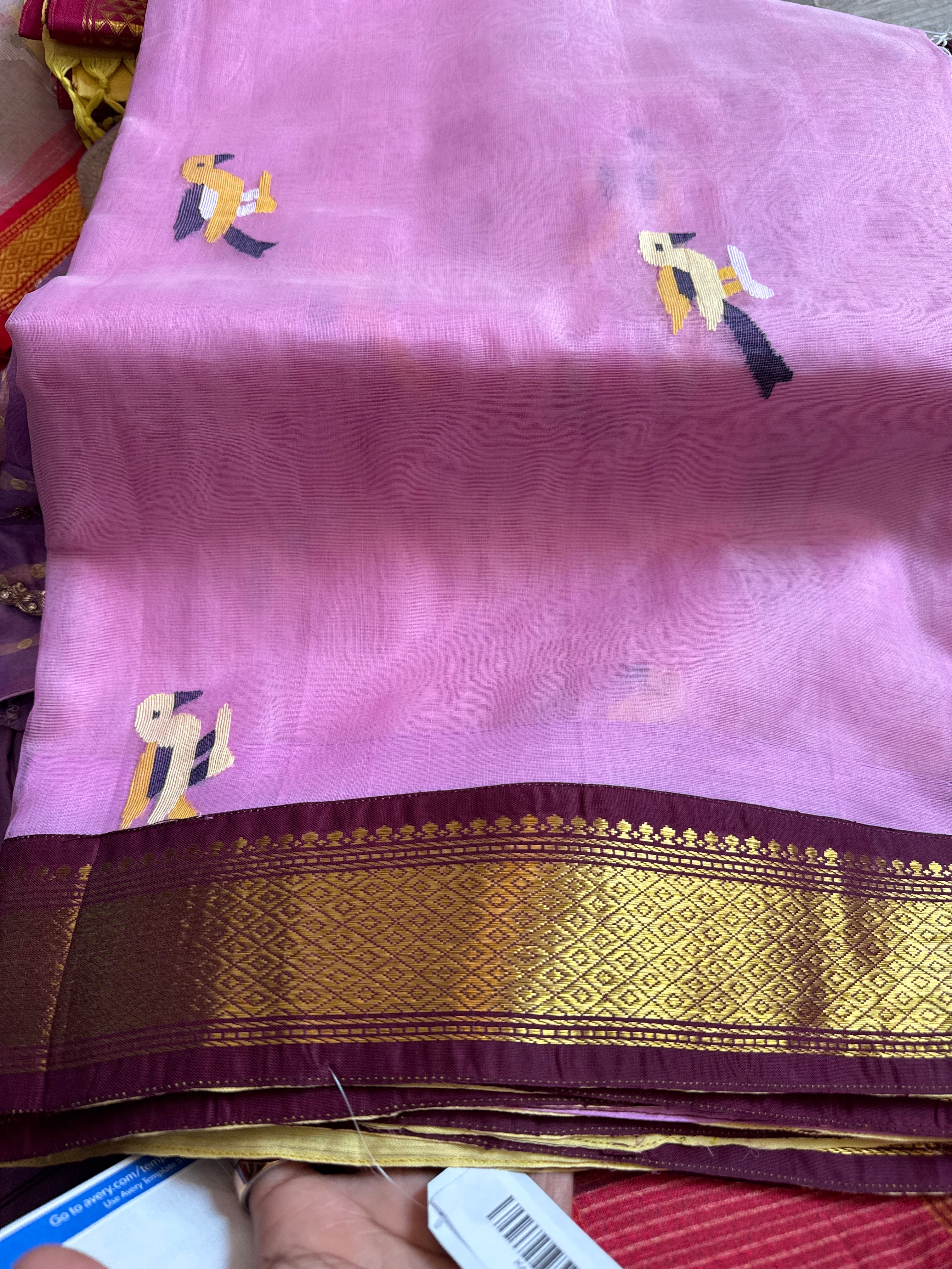 Muslin Jamdani Saree with Kanchi Border - baby pink/brown