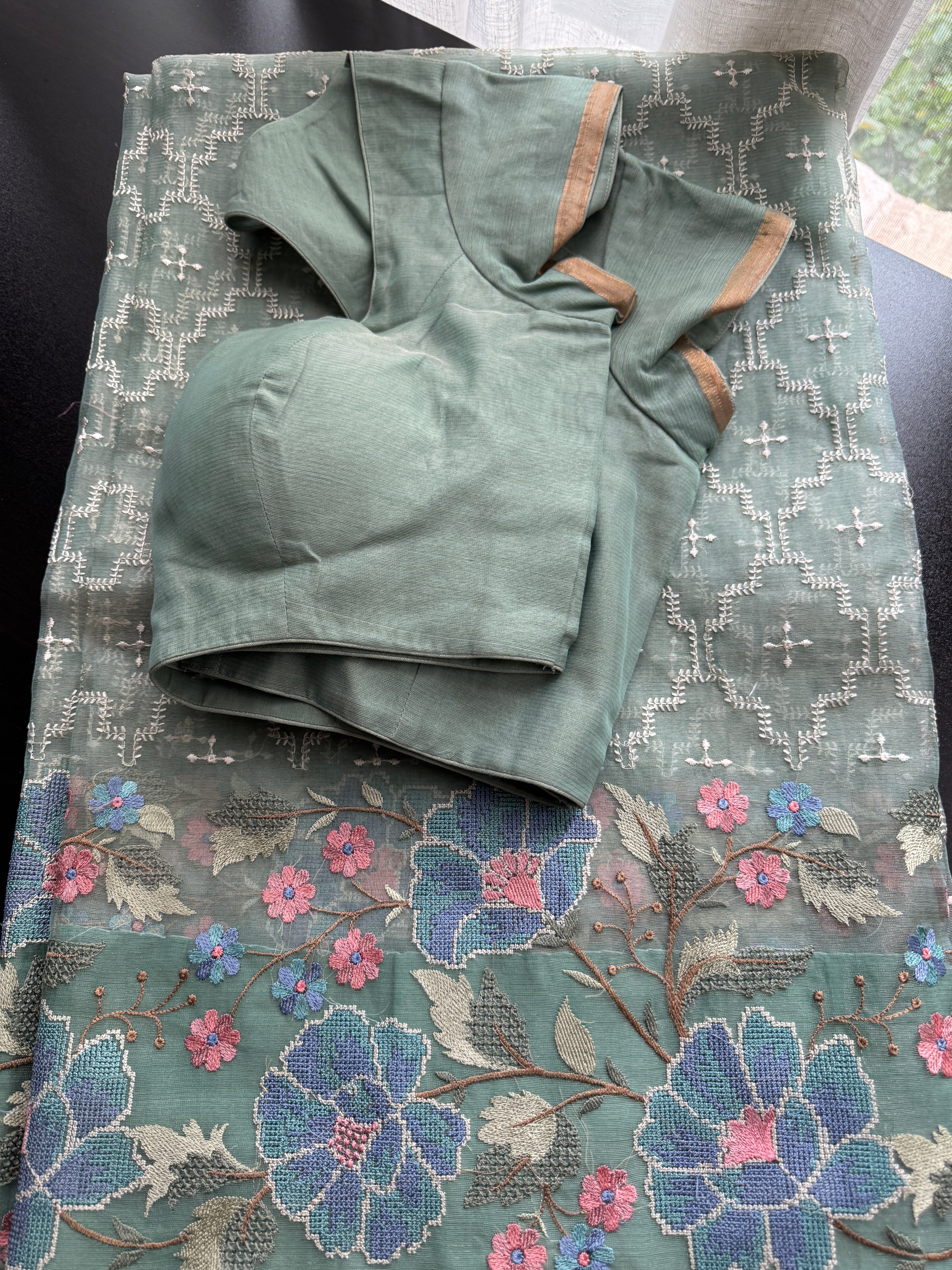 Matka tissue saree -mint green