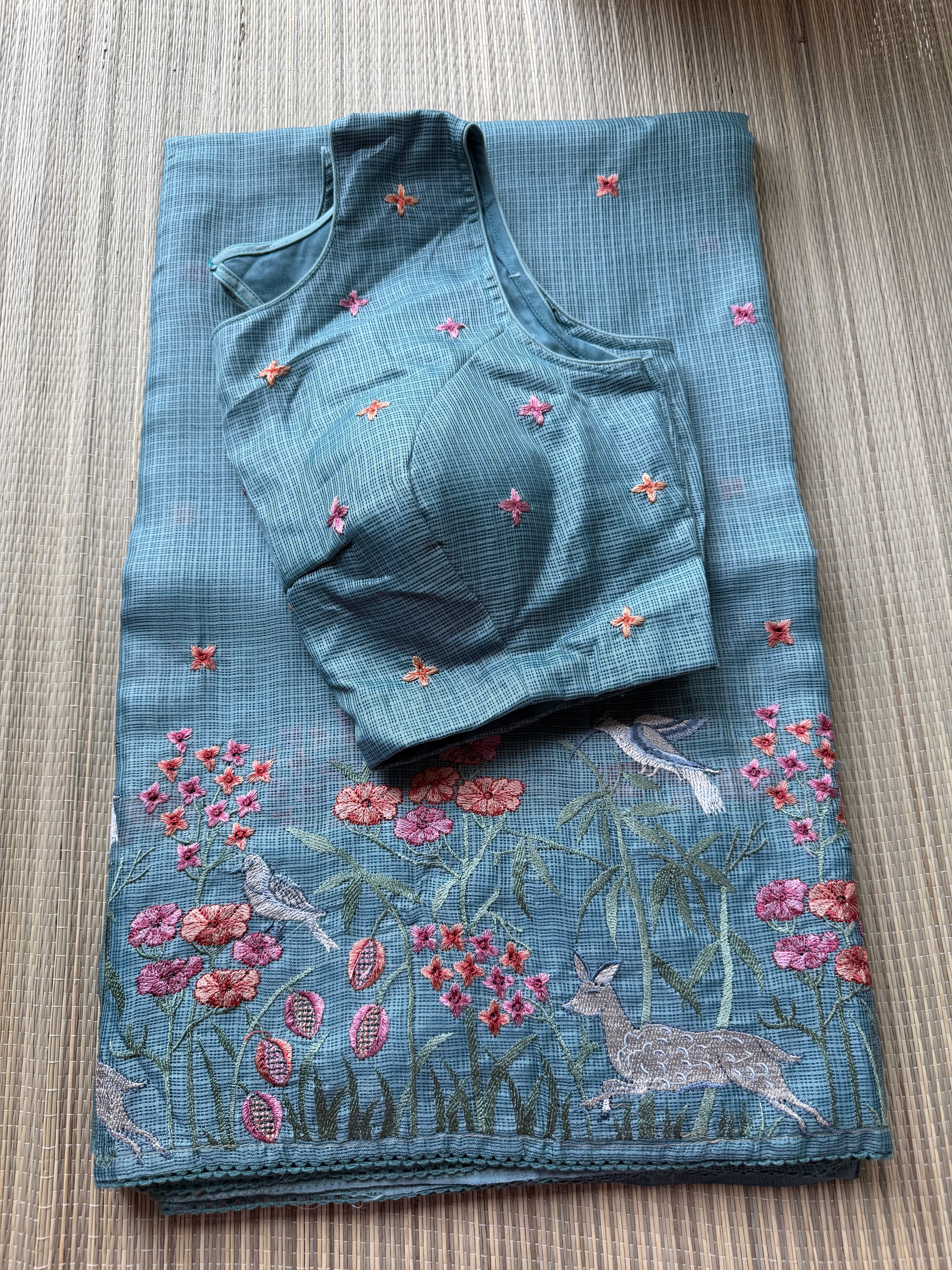 Kota Saree with Embroidered Deer Border