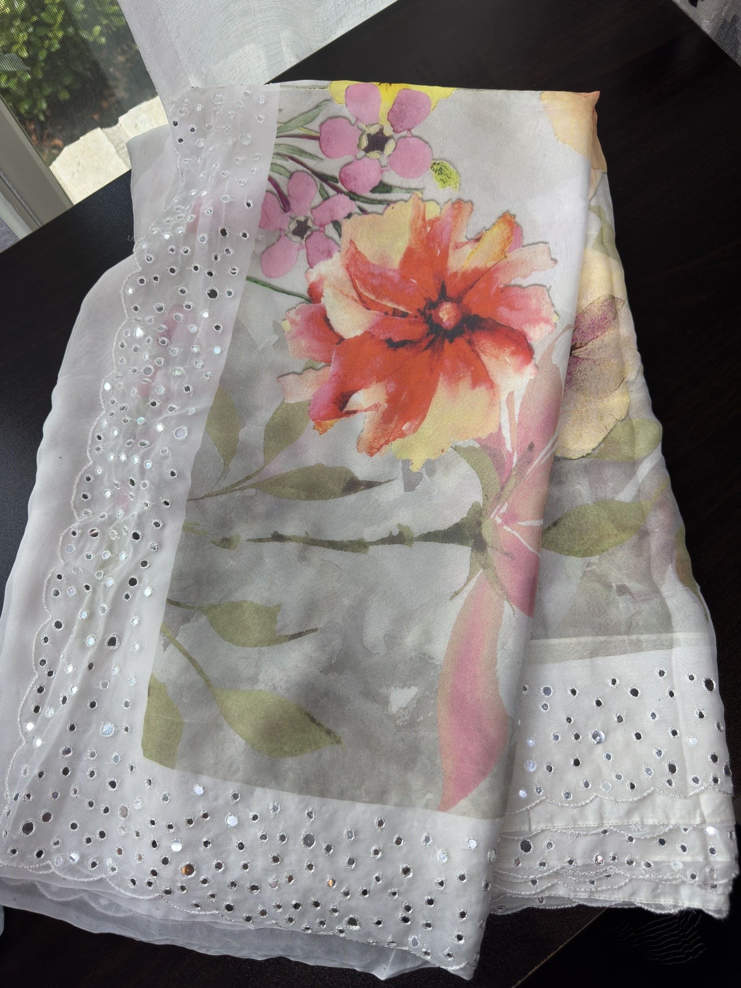 Floral Printed Georgette Saree with Mirror Embroidered Border