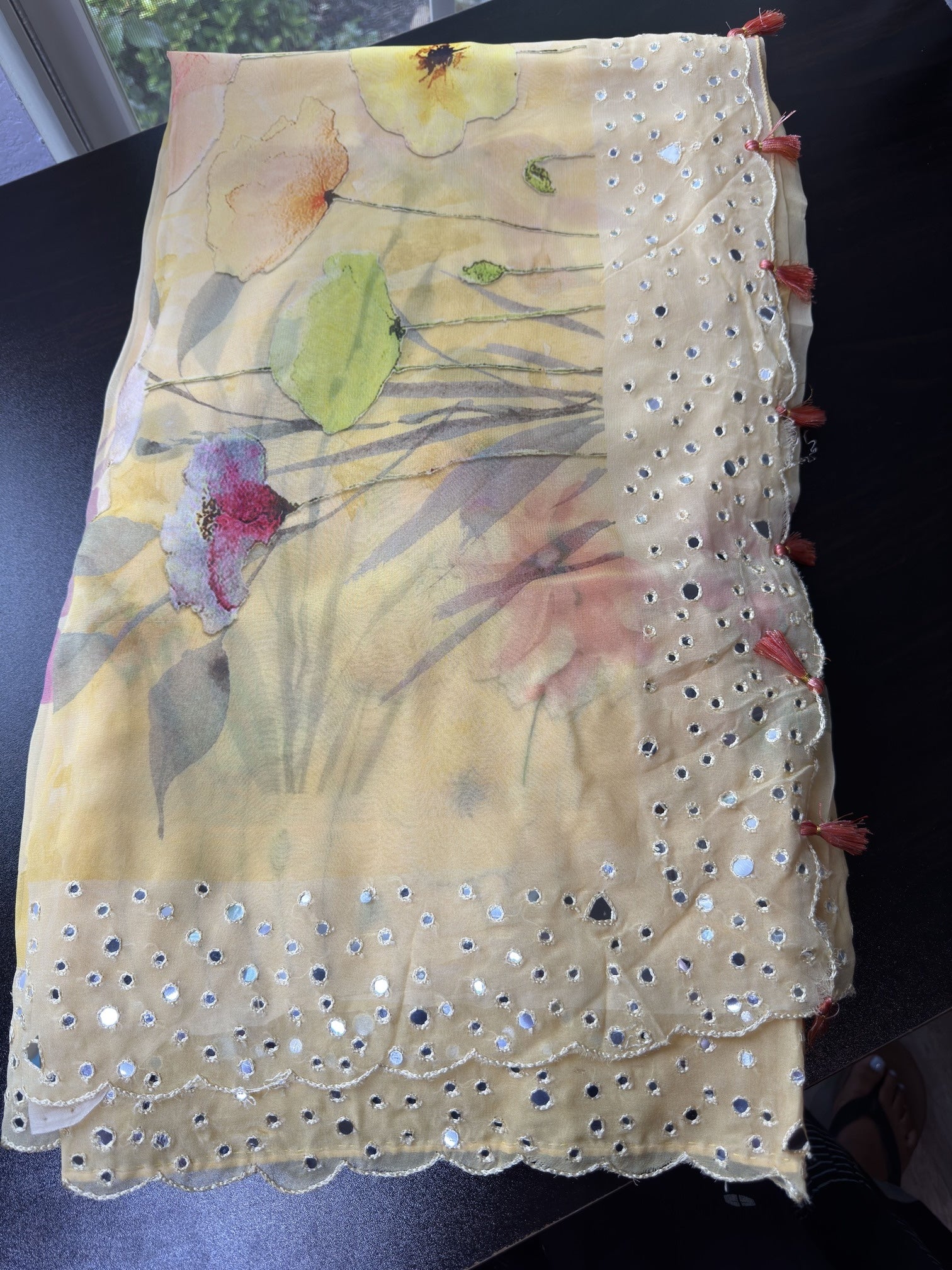 Floral Printed Georgette Saree with Mirror Embroidered Border