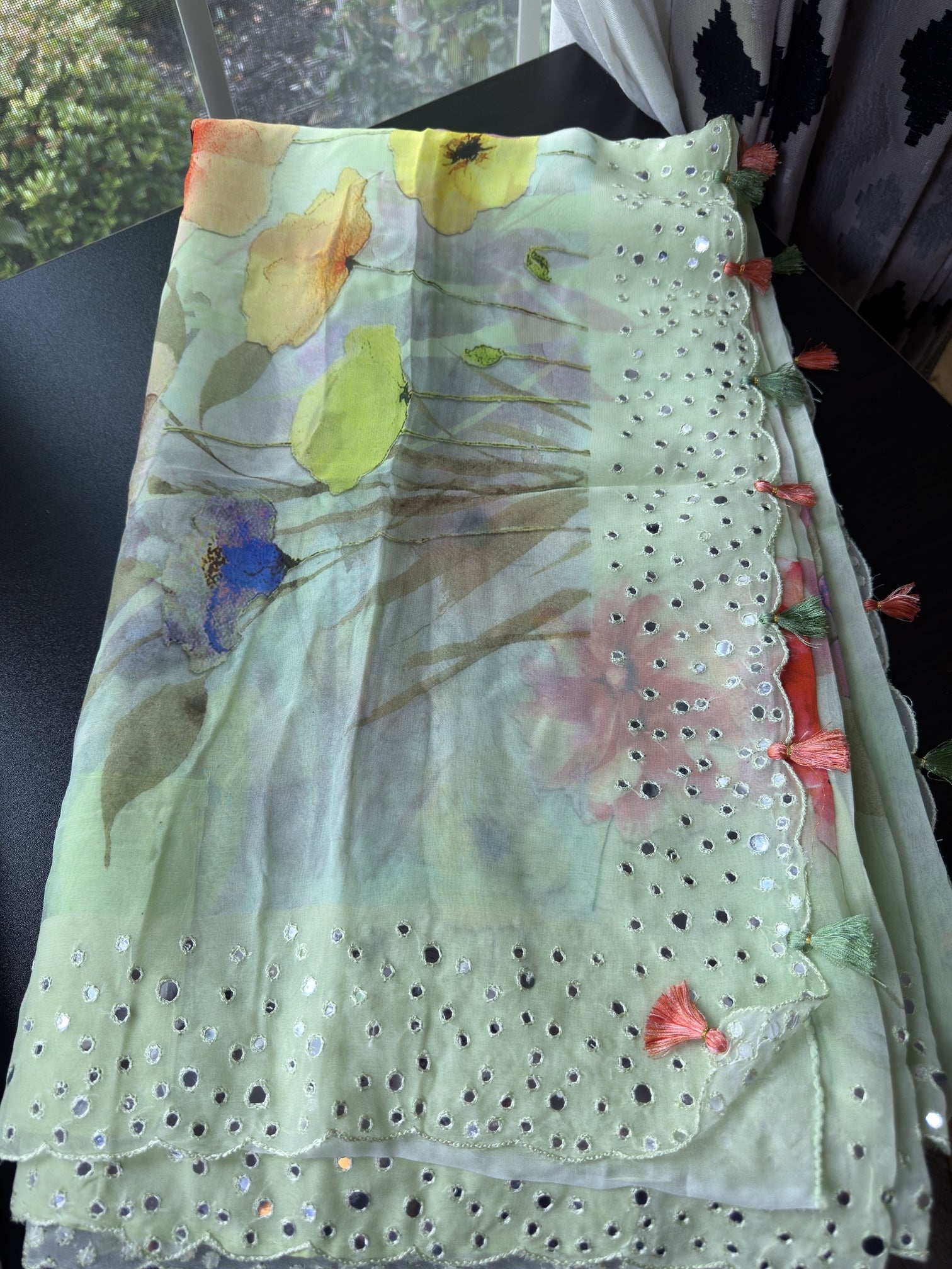 Floral Printed Georgette Saree with Mirror Embroidered Border