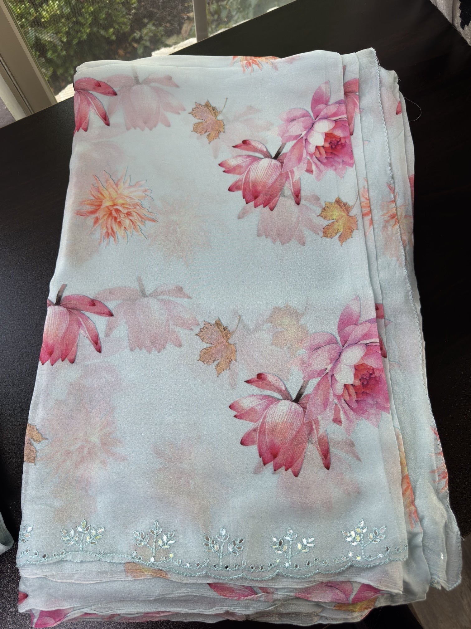Floral Saree with flat mirror Embroidered Border