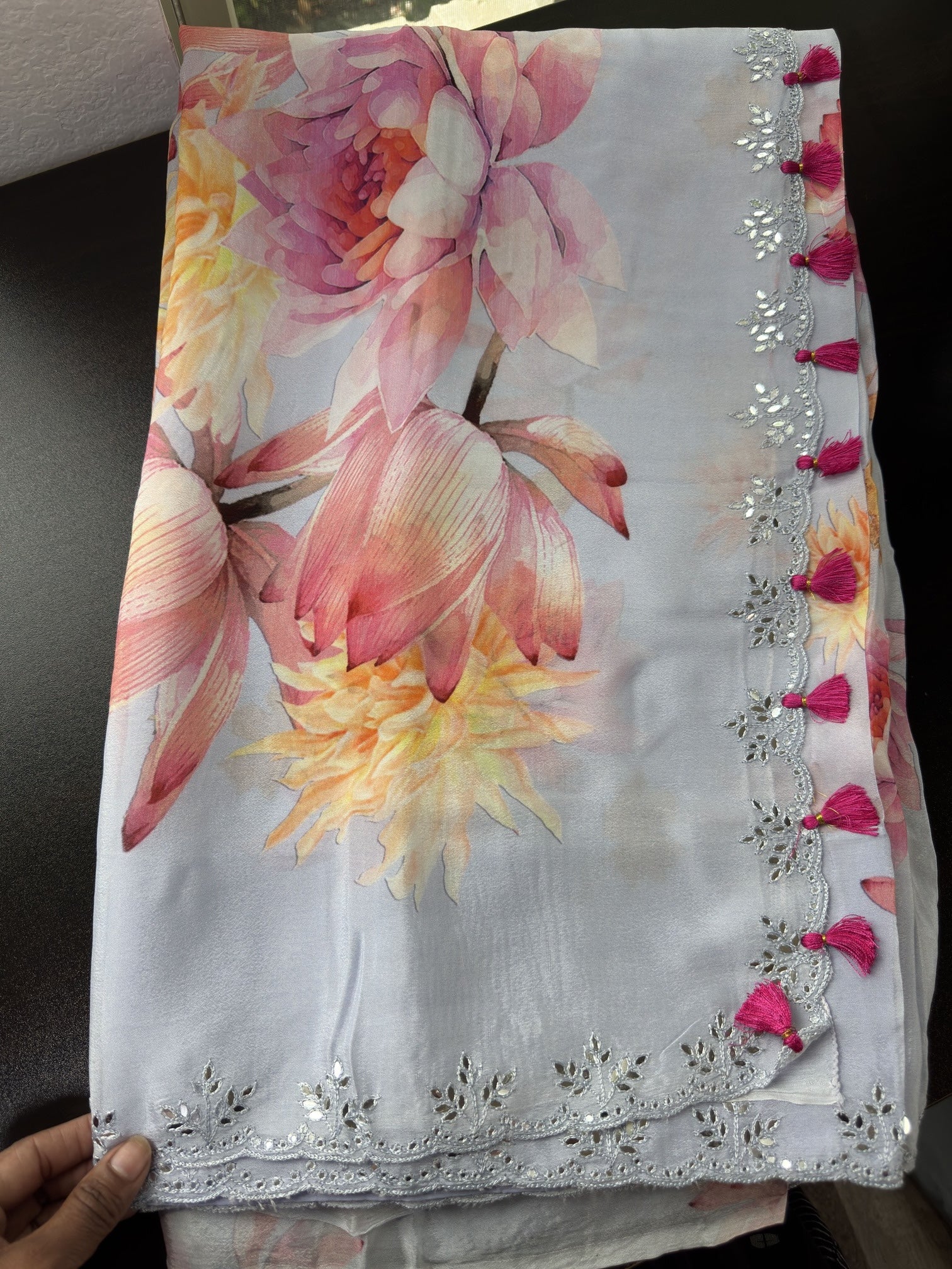 Floral Saree with flat mirror Embroidered Border