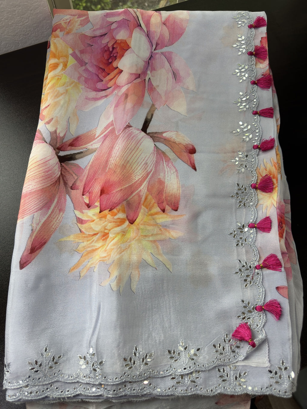 Floral Saree with flat mirror Embroidered Border