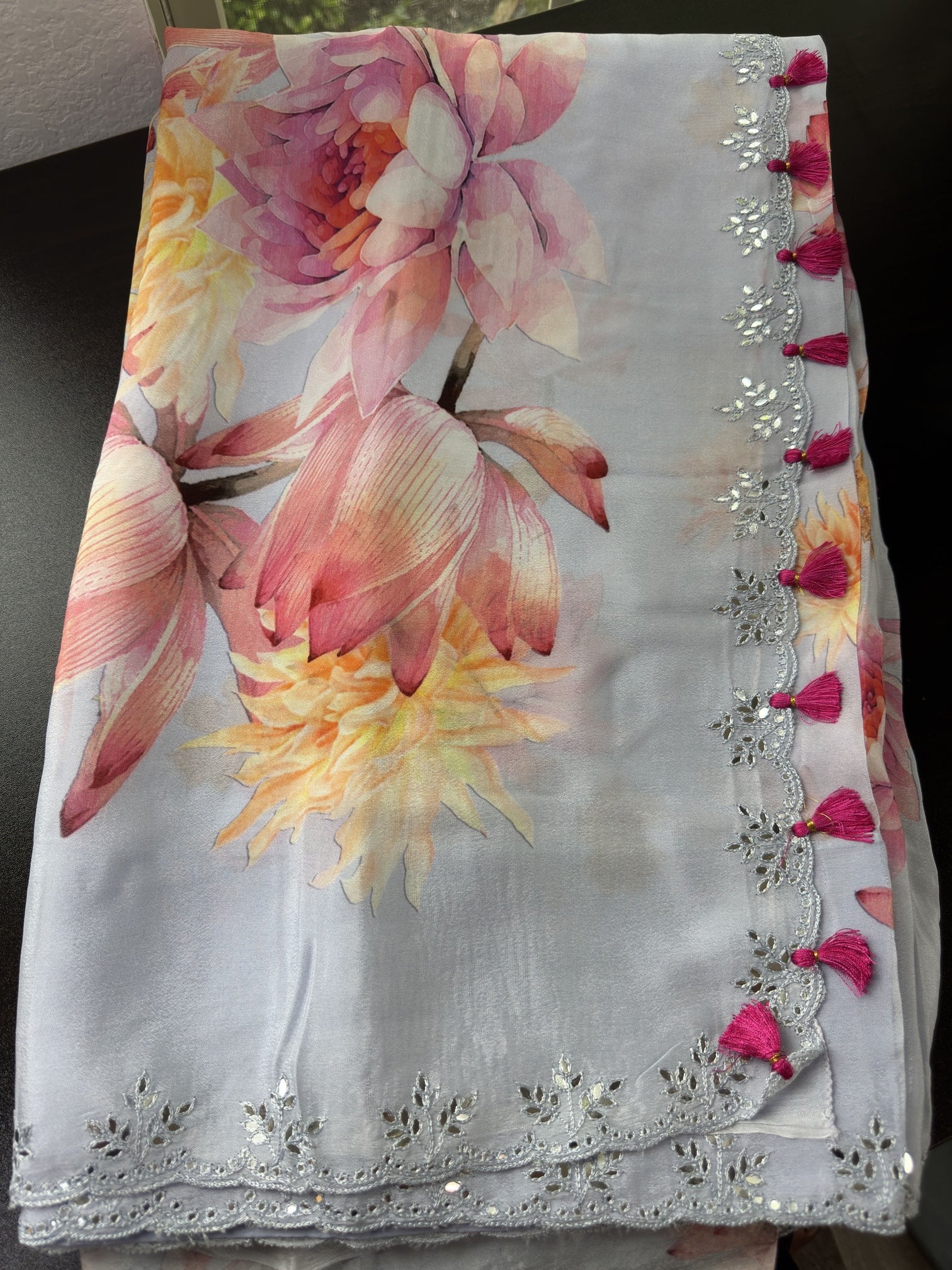 Floral Saree with flat mirror Embroidered Border