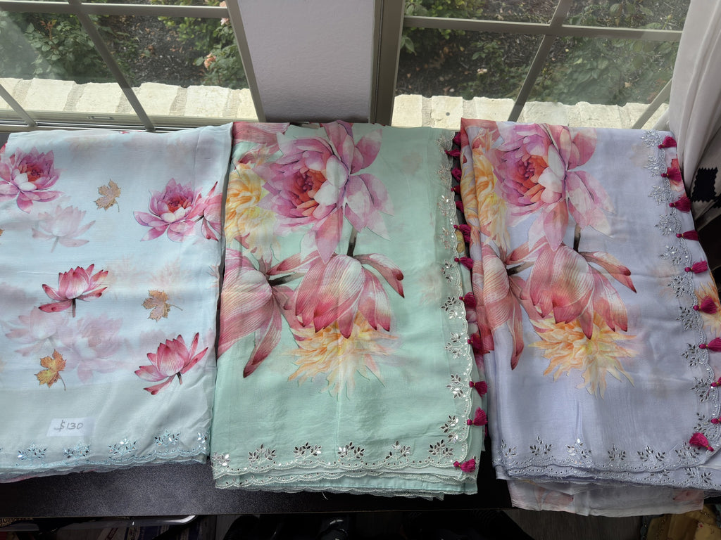 Floral Saree with flat mirror Embroidered Border