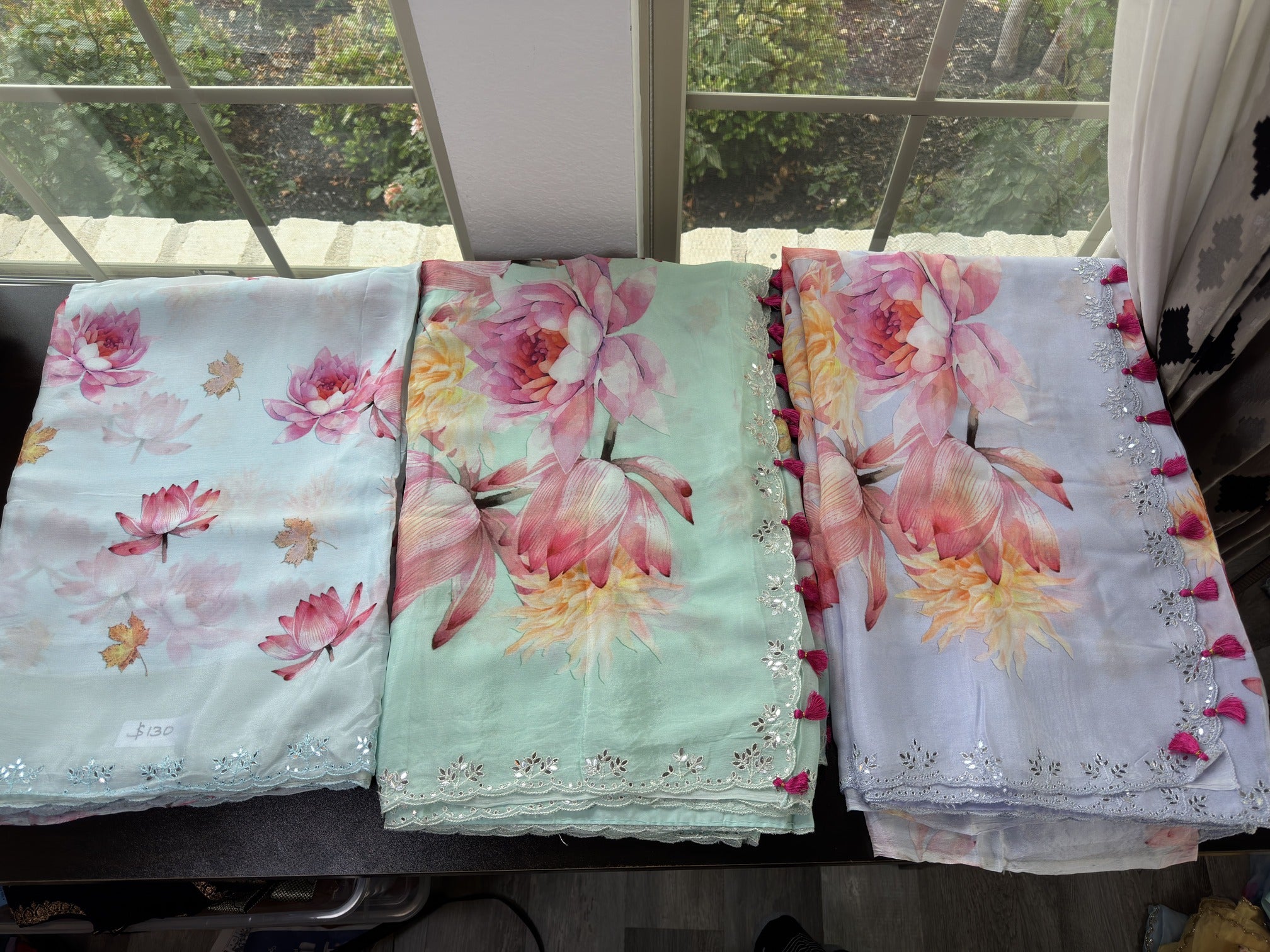 Floral Saree with flat mirror Embroidered Border