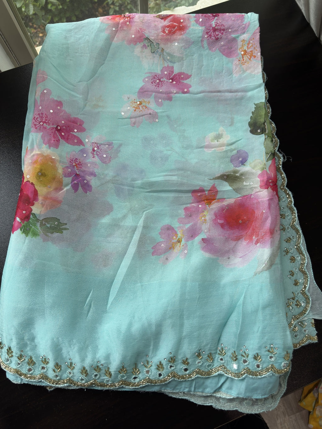 Floral Printed Georgette Saree with scallop pearl Mirror Embroidered Border