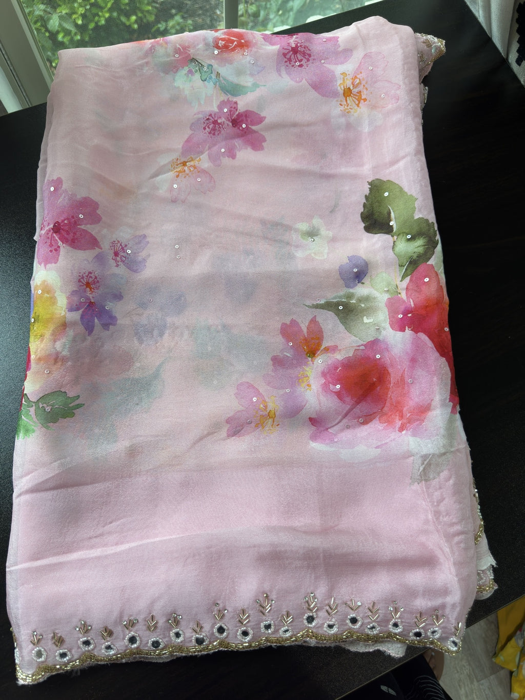 Floral Printed Georgette Saree with scallop pearl Mirror Embroidered Border