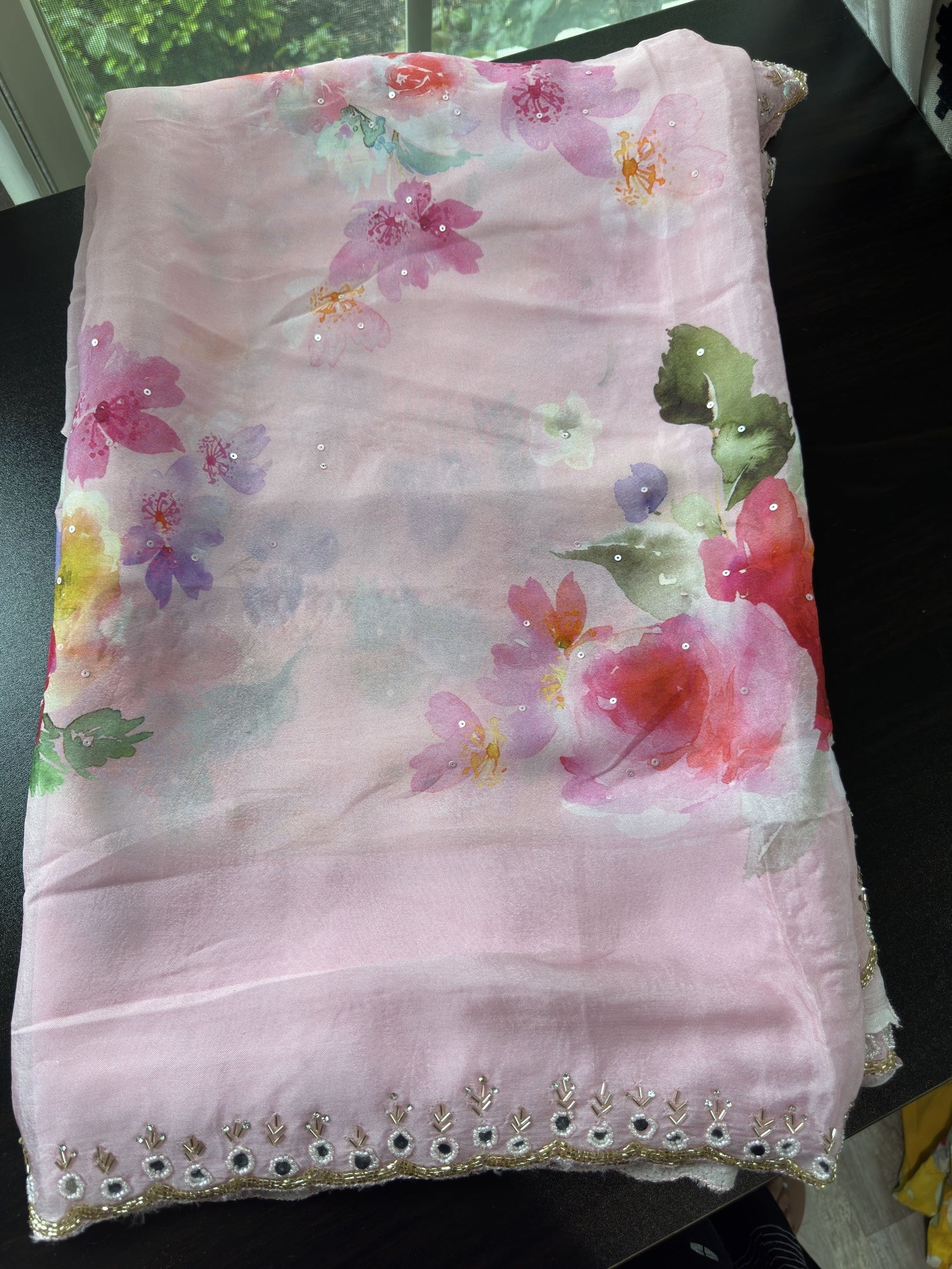Floral Printed Georgette Saree with scallop pearl Mirror Embroidered Border