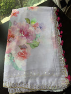 Floral Printed Georgette Saree with scallop pearl Mirror Embroidered Border