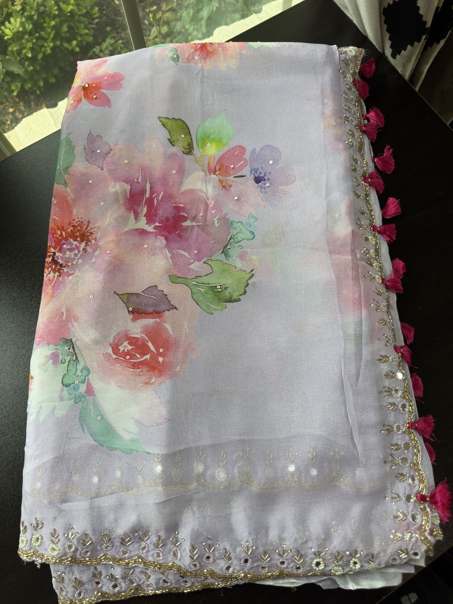 Floral Printed Georgette Saree with scallop pearl Mirror Embroidered Border