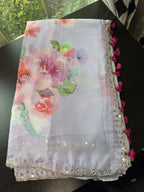Floral Printed Georgette Saree with scallop pearl Mirror Embroidered Border