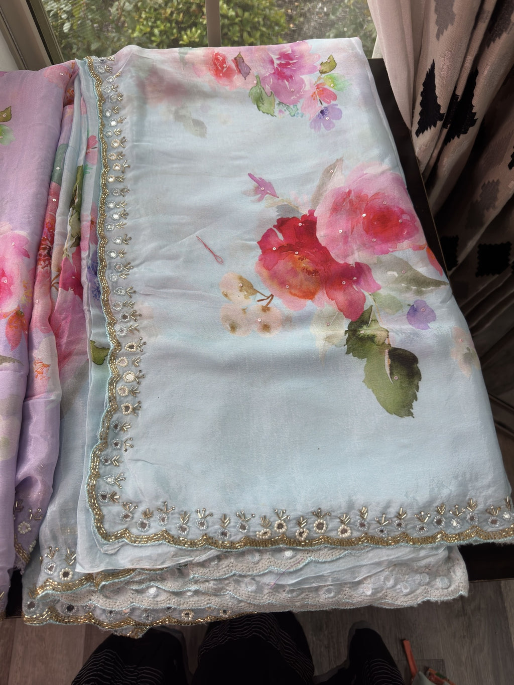 Floral Printed Georgette Saree with scallop pearl Mirror Embroidered Border