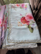 Floral Printed Georgette Saree with scallop pearl Mirror Embroidered Border
