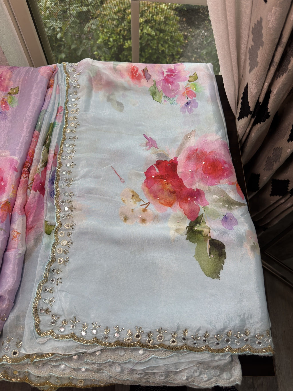 Floral Printed Georgette Saree with scallop pearl Mirror Embroidered Border