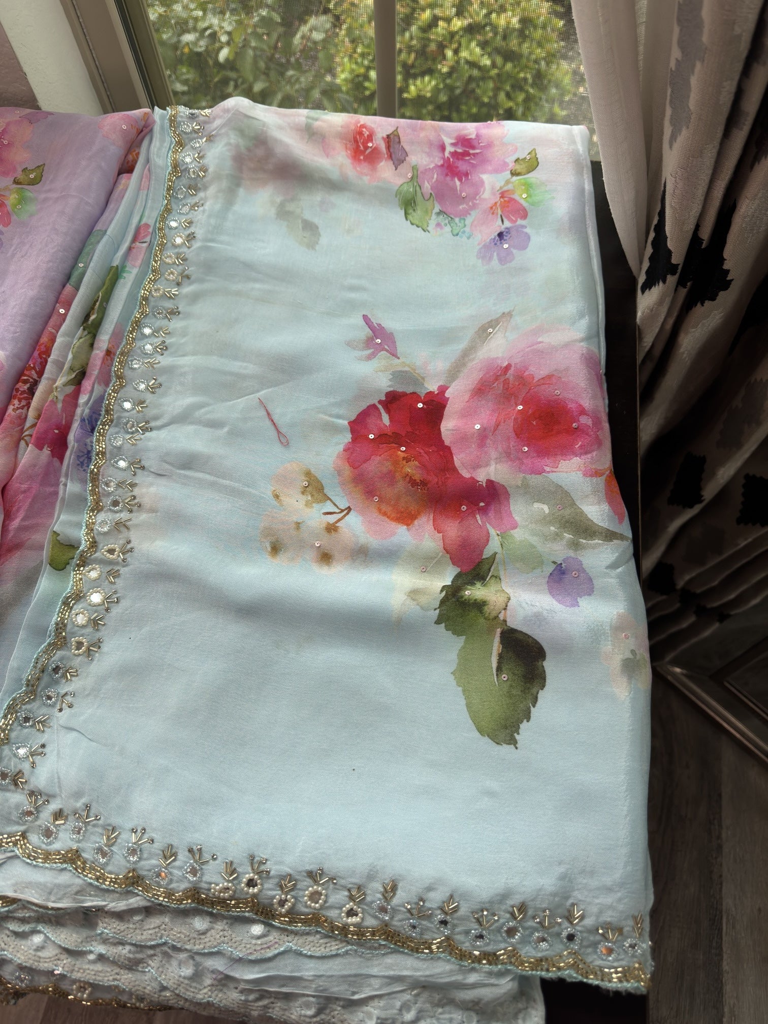 Floral Printed Georgette Saree with scallop pearl Mirror Embroidered Border