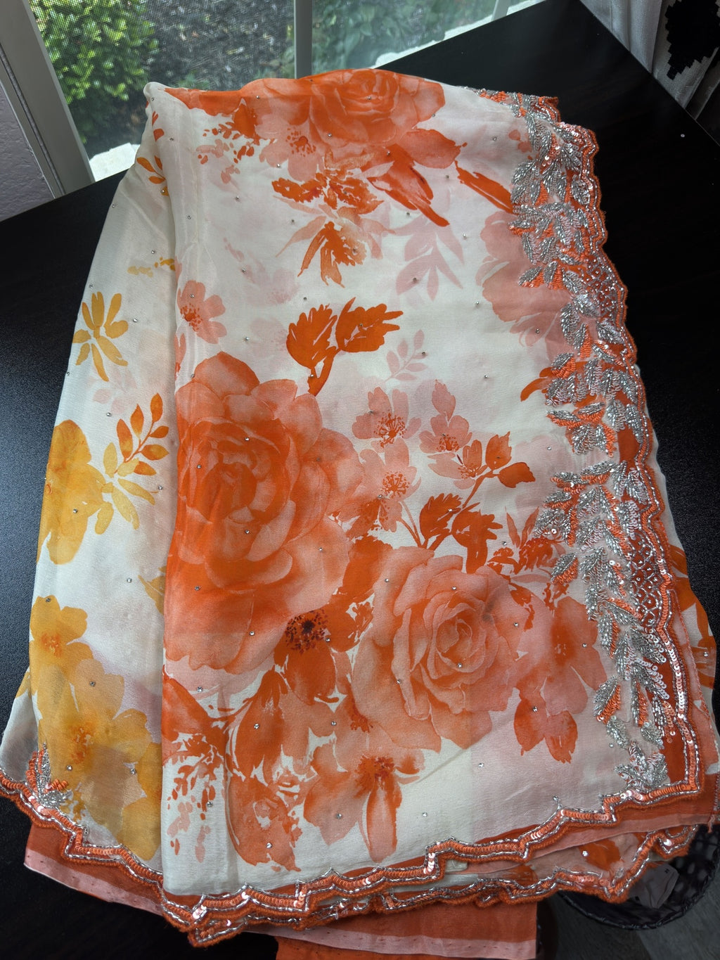 Fluorescent Saree with scallop Embroidered Border