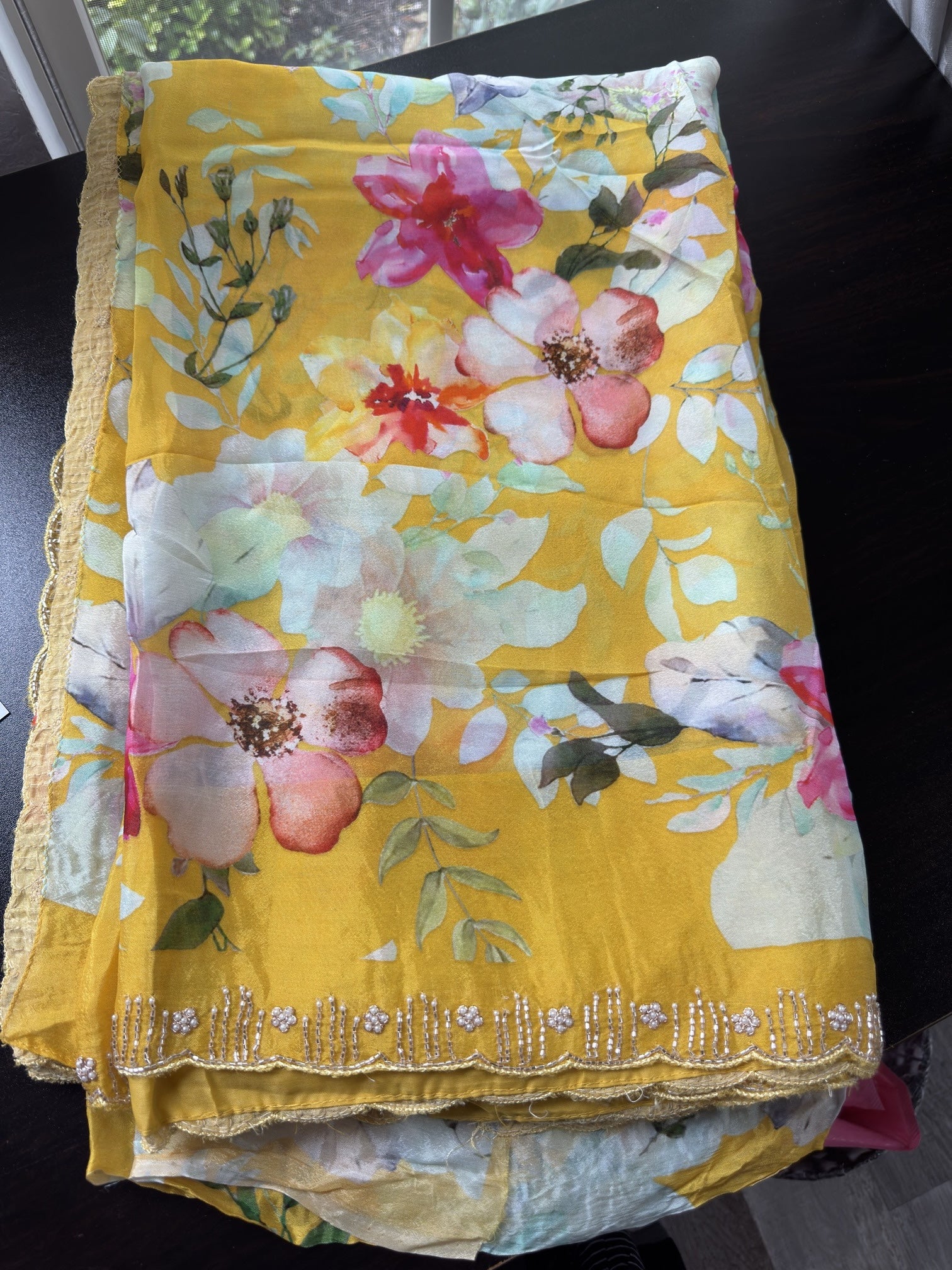 Floral Saree with scallop pearl Embroidered Border