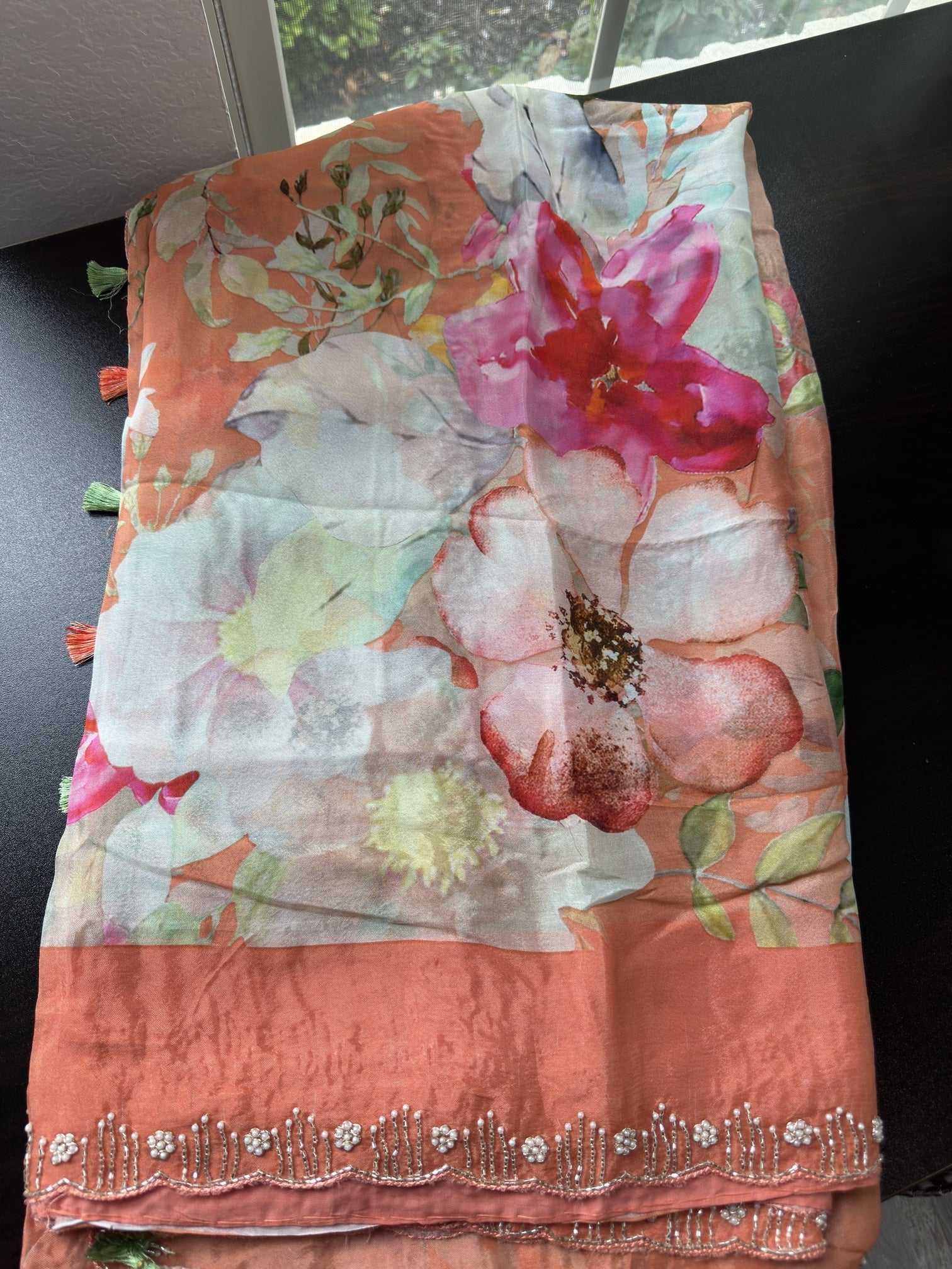 Floral Saree with scallop pearl Embroidered Border