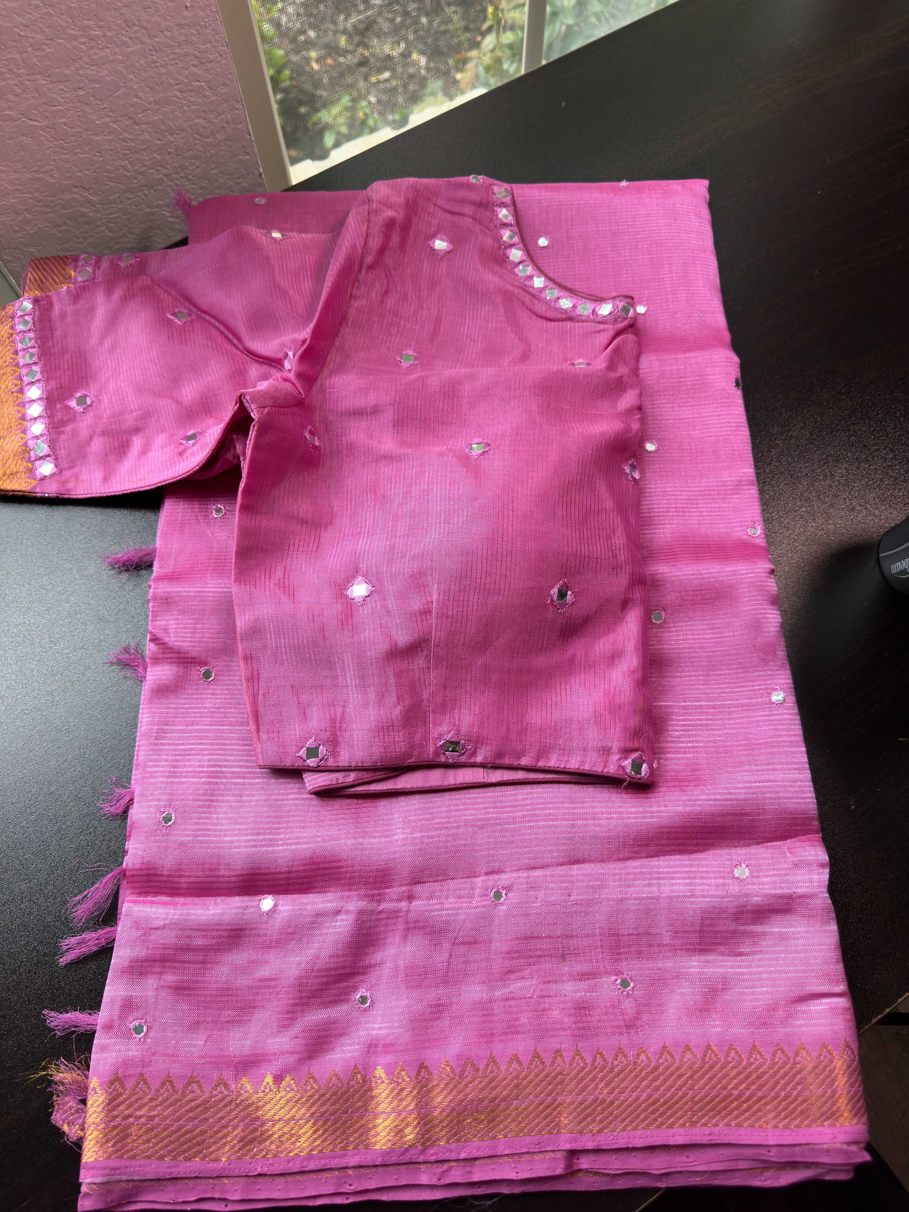 Mangalagiri Pattu Saree with Mirror Work & Embroidered Blouse - Pink