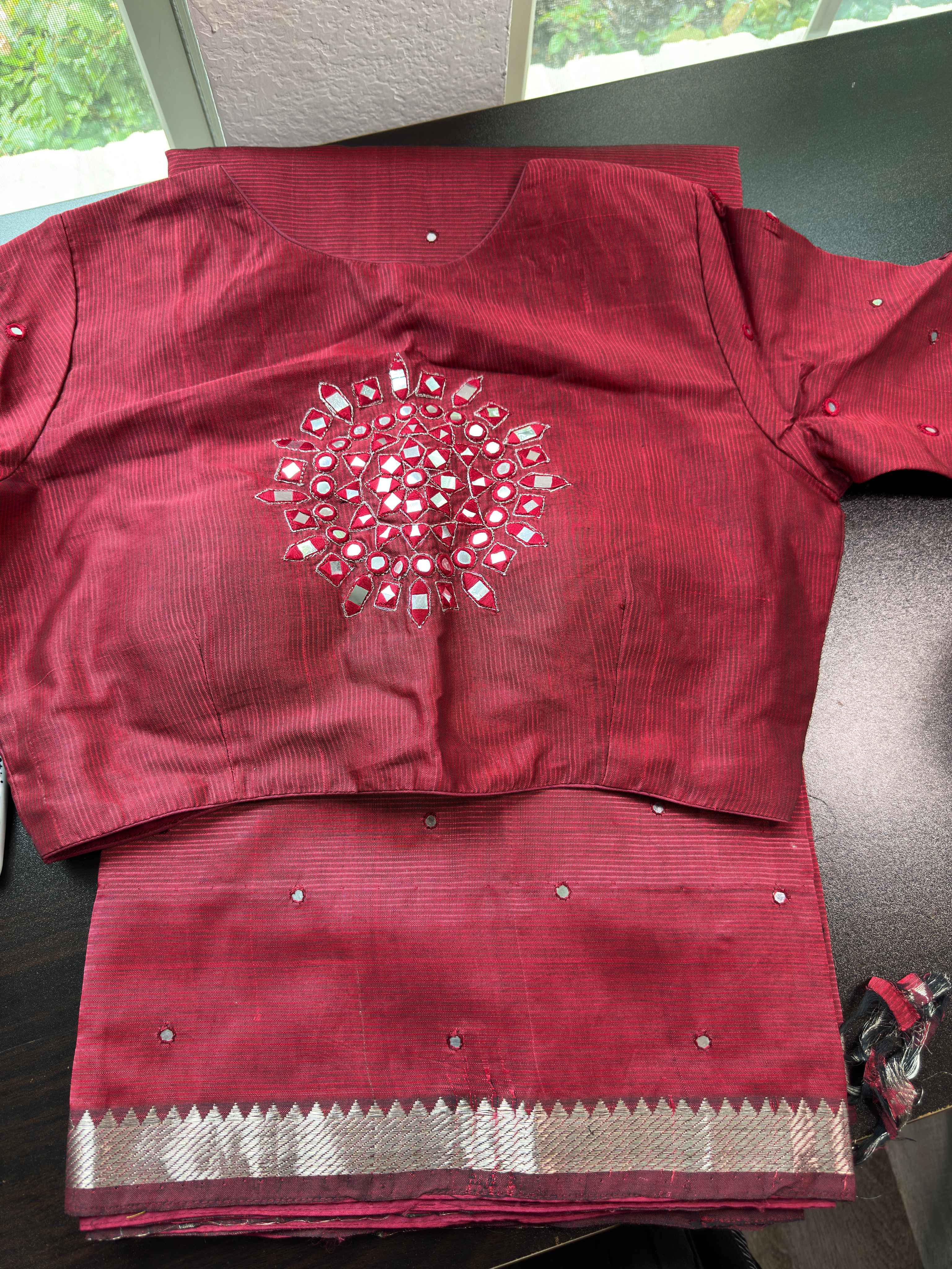 Mangalagiri Pattu Saree with Mirror Work & Embroidered Blouse - Maroon