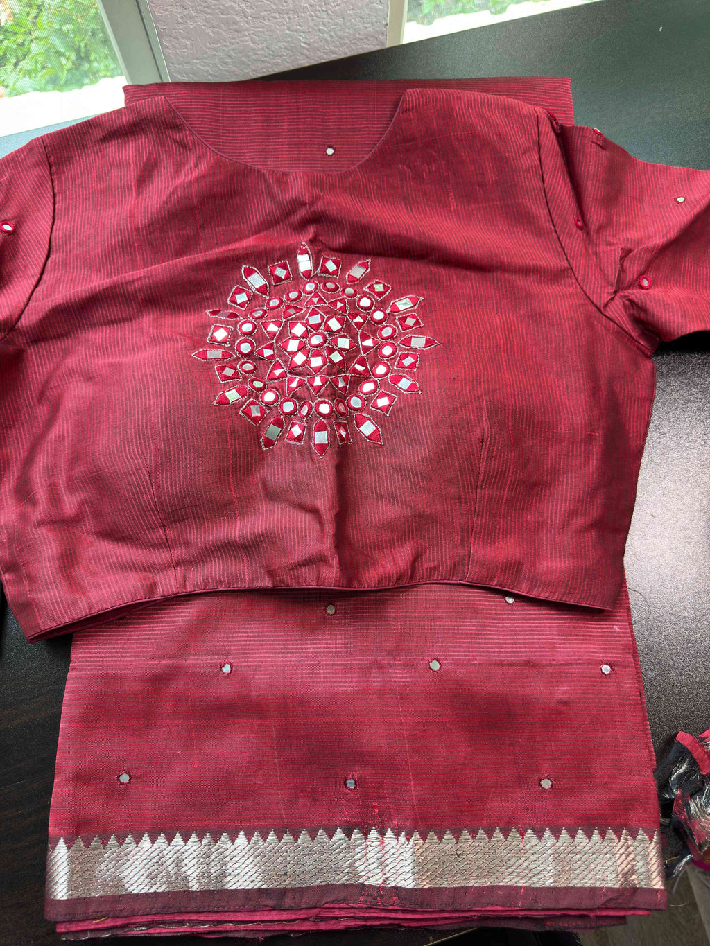 Mangalagiri Pattu Saree with Mirror Work & Embroidered Blouse - Maroon