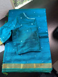 Mangalagiri Pattu Saree with Mirror Work & Embroidered Blouse -Peacock Blue with Gold border