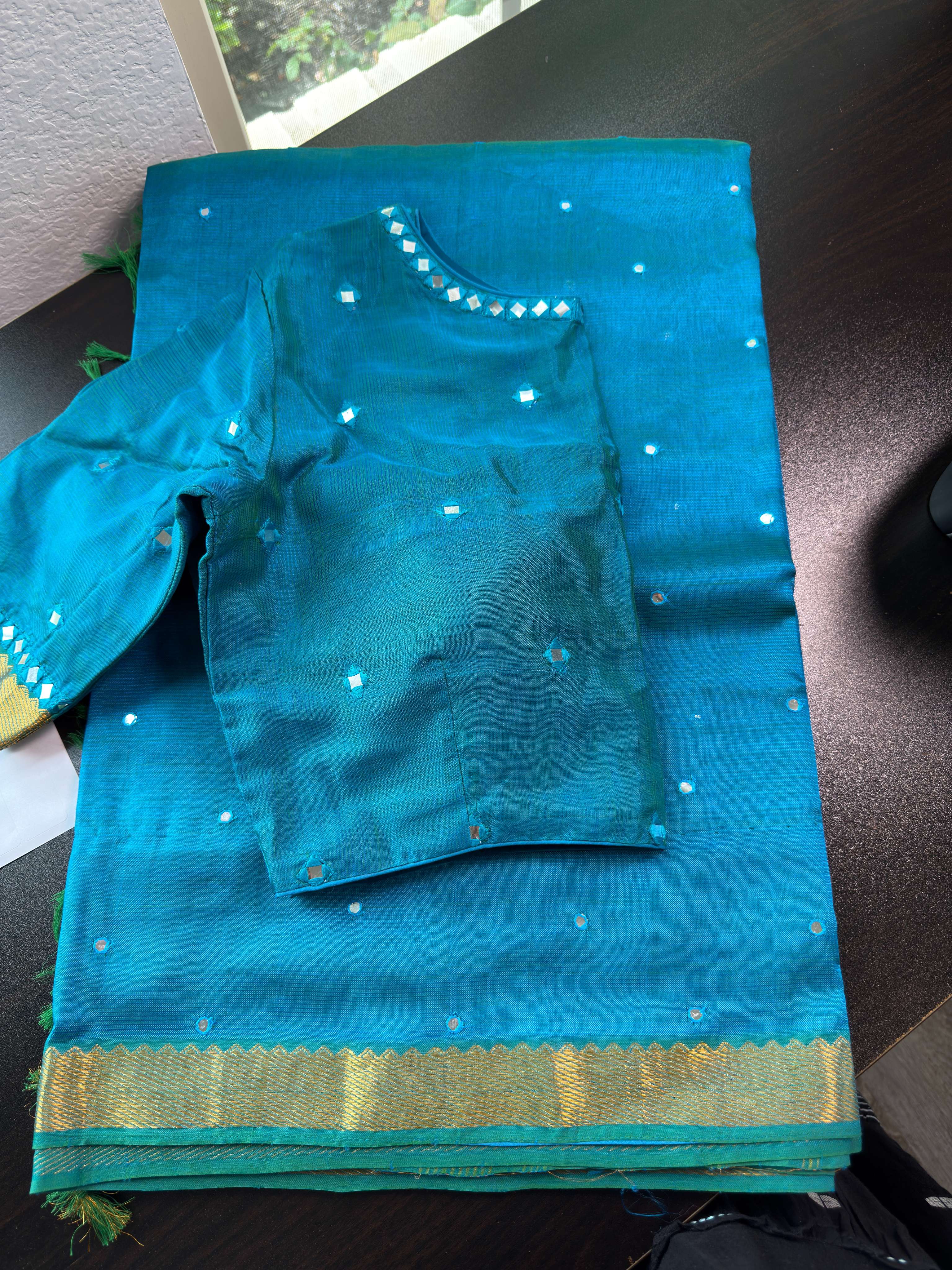 Mangalagiri Pattu Saree with Mirror Work & Embroidered Blouse -Peacock Blue with Gold border