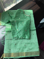 Mangalagiri Pattu Saree with Mirror Work & Embroidered Blouse -Light Green