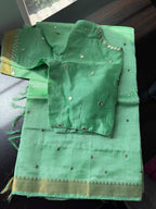 Mangalagiri Pattu Saree with Mirror Work & Embroidered Blouse -Light Green