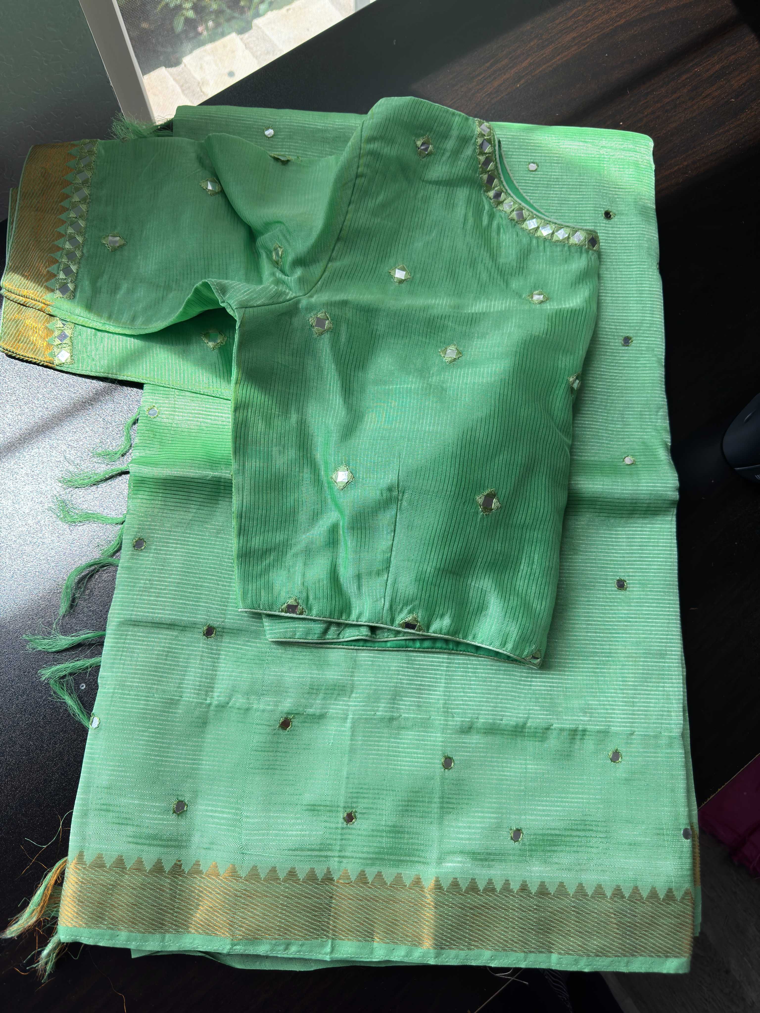 Mangalagiri Pattu Saree with Mirror Work & Embroidered Blouse -Light Green