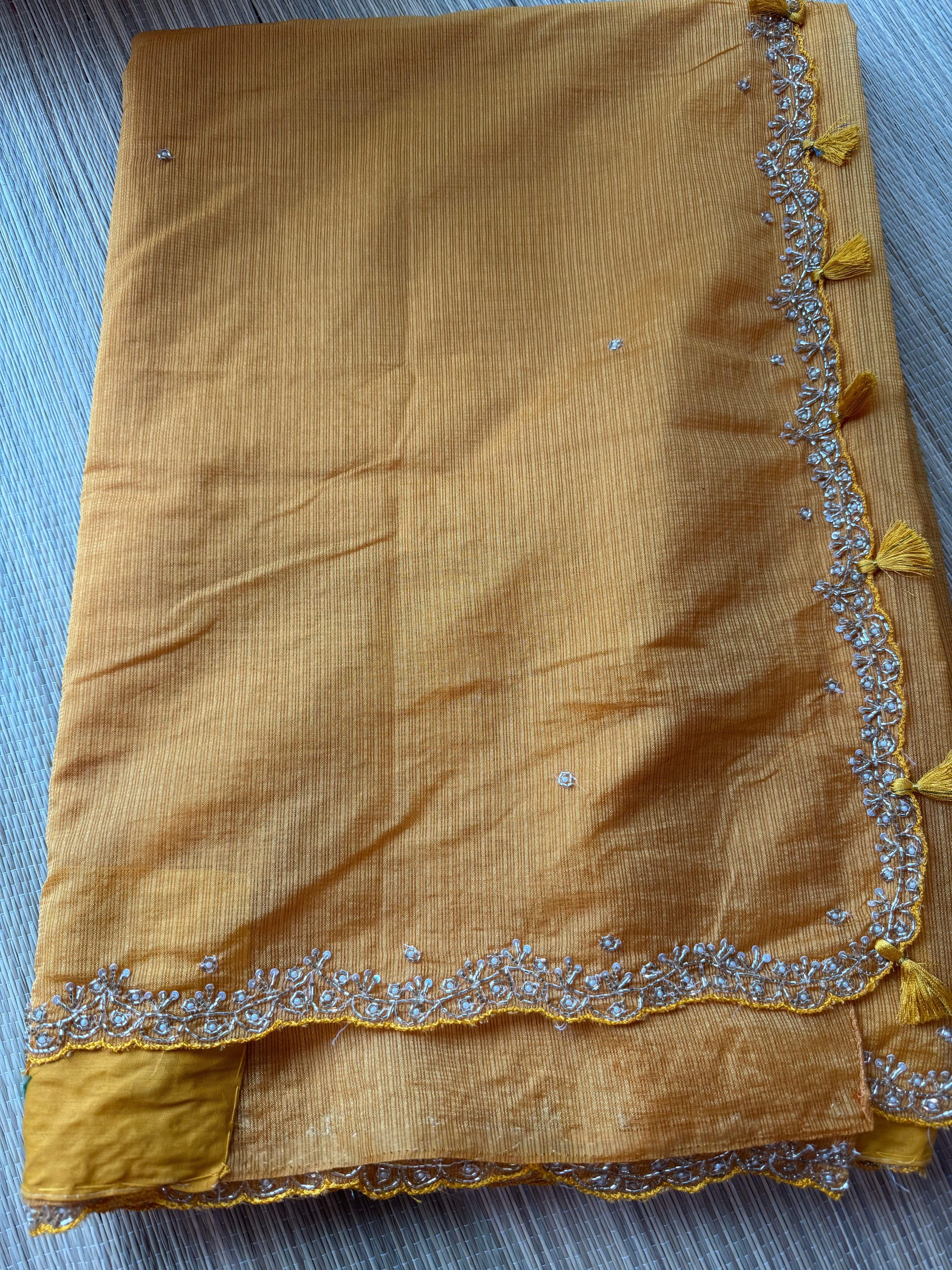 Tussar Kota Saree with Delicate Embroidered Scallop Border