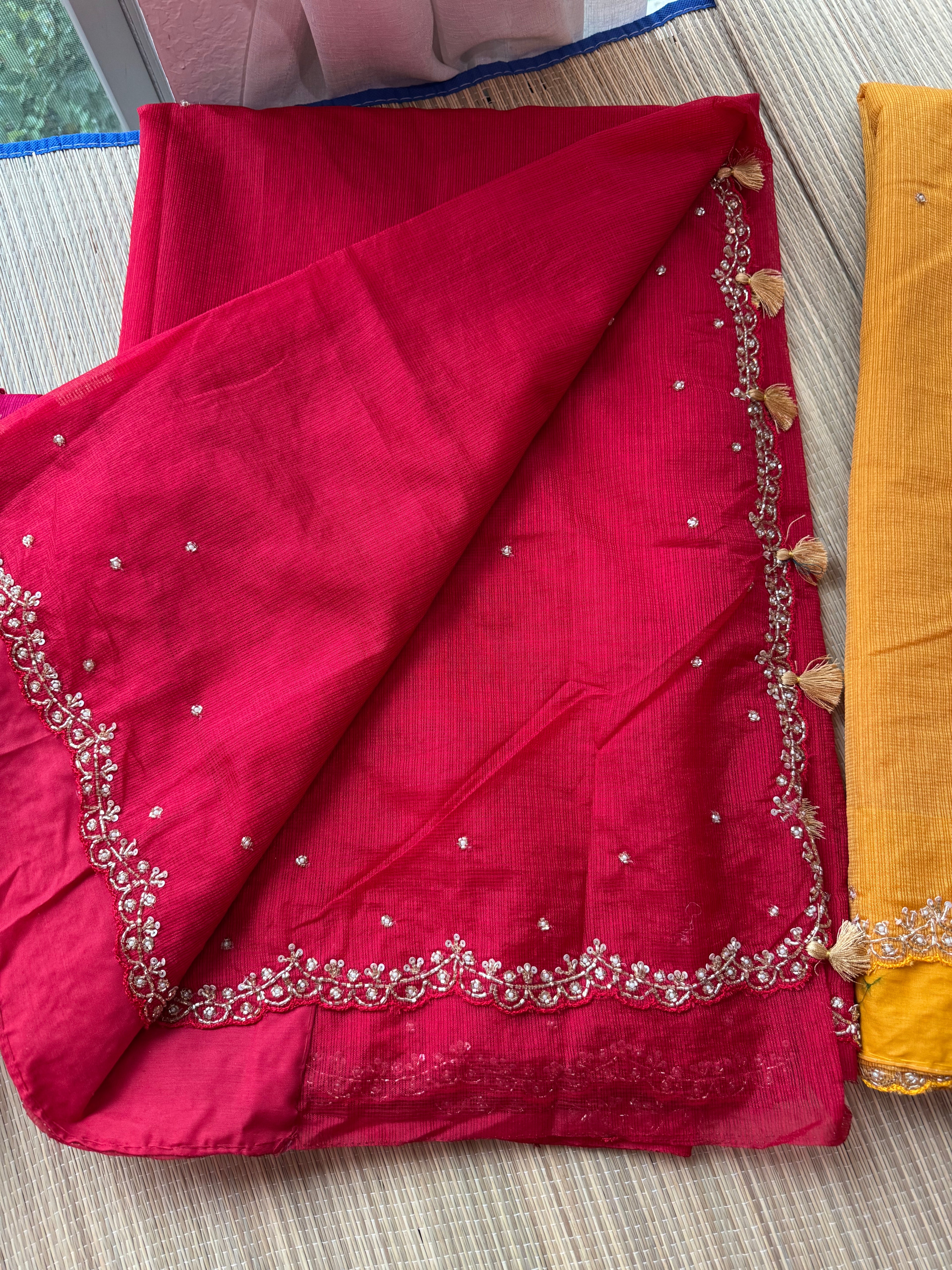 Tussar Kota Saree with Delicate Embroidered Scallop Border
