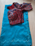Satin Crepe Saree with Mirror Work Border & pattern Ajrakh Blouse