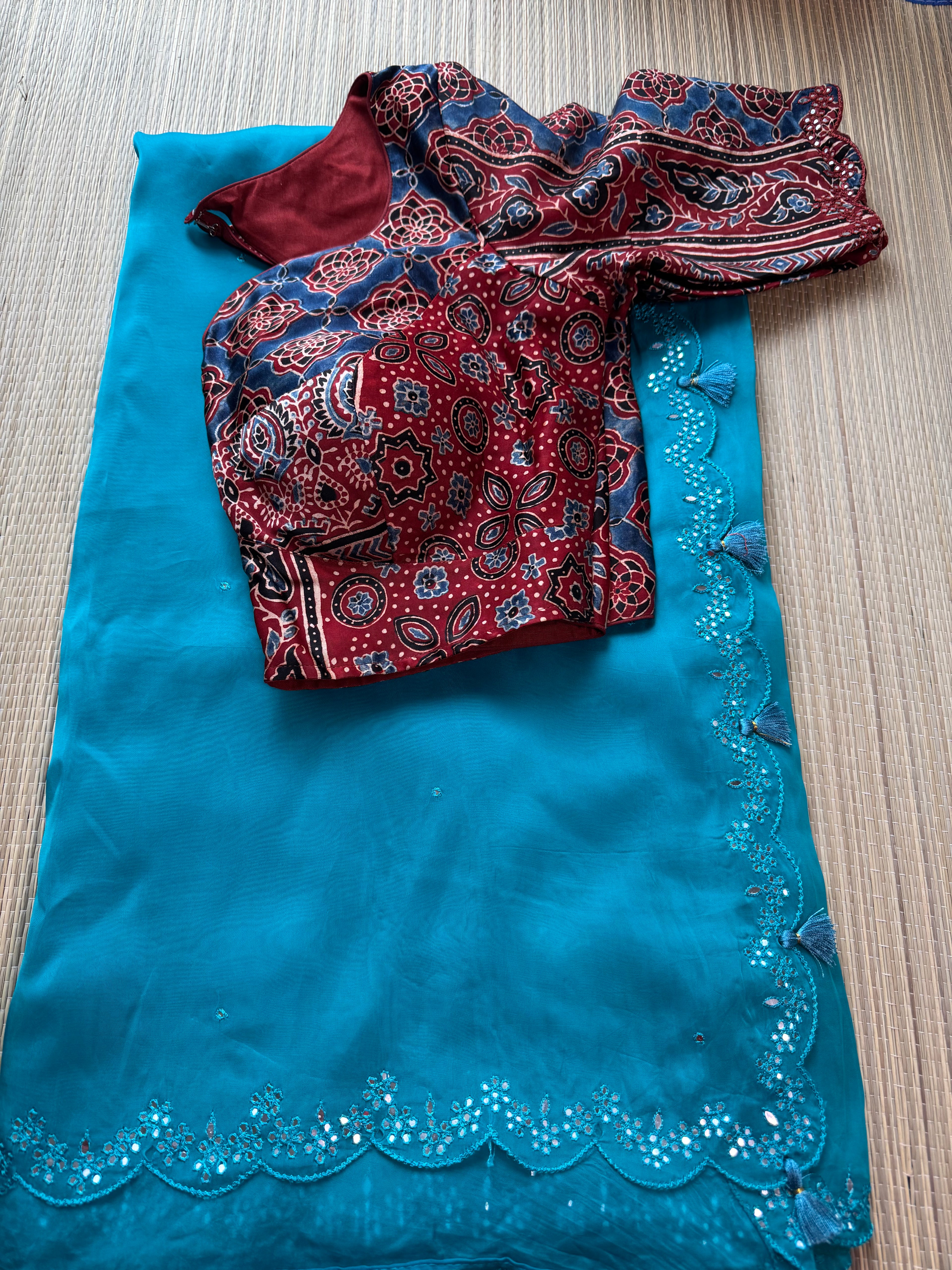Satin Crepe Saree with Mirror Work Border & pattern Ajrakh Blouse