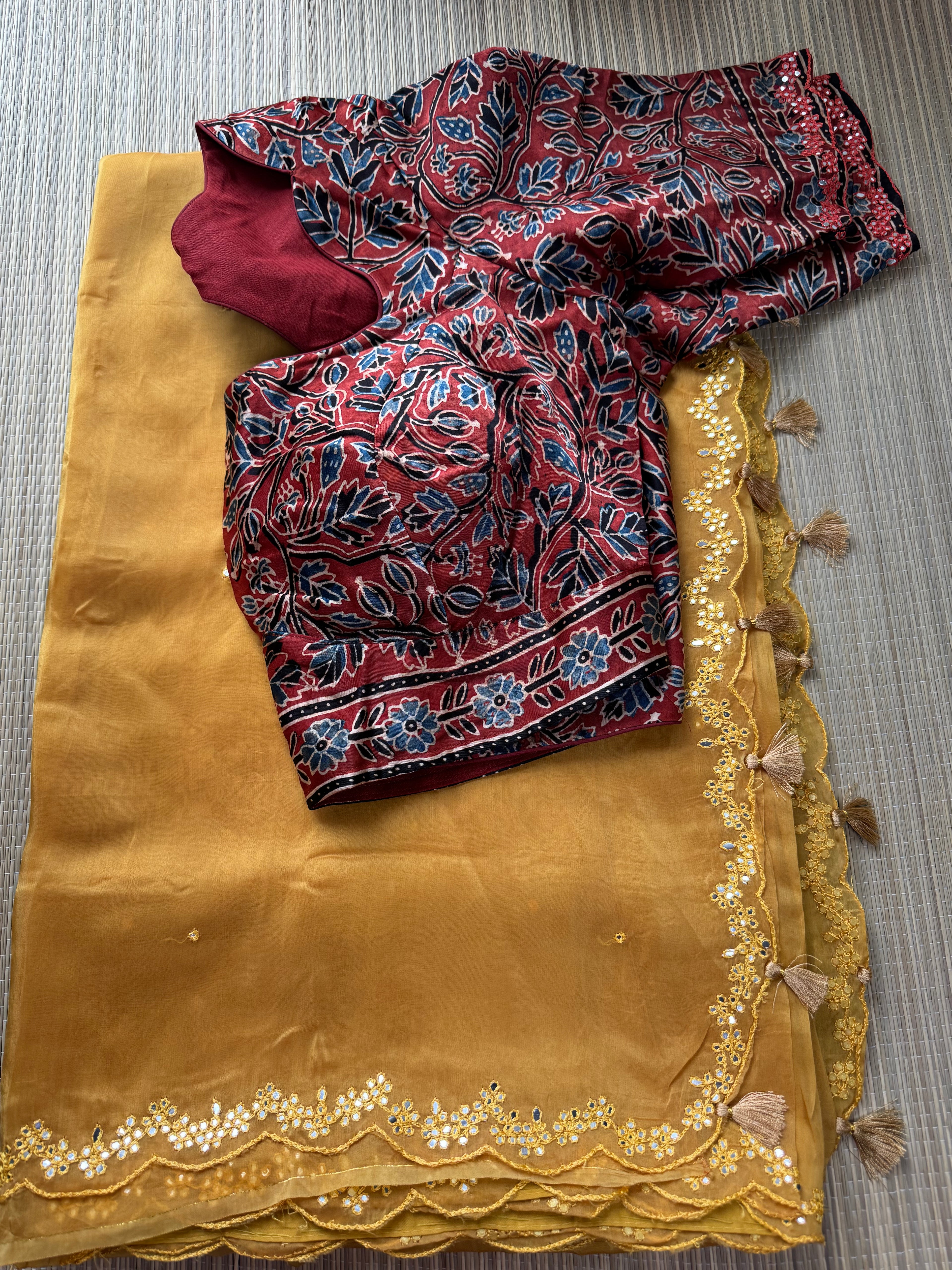 Satin Crepe Saree with Mirror Work Border & pattern Ajrakh Blouse