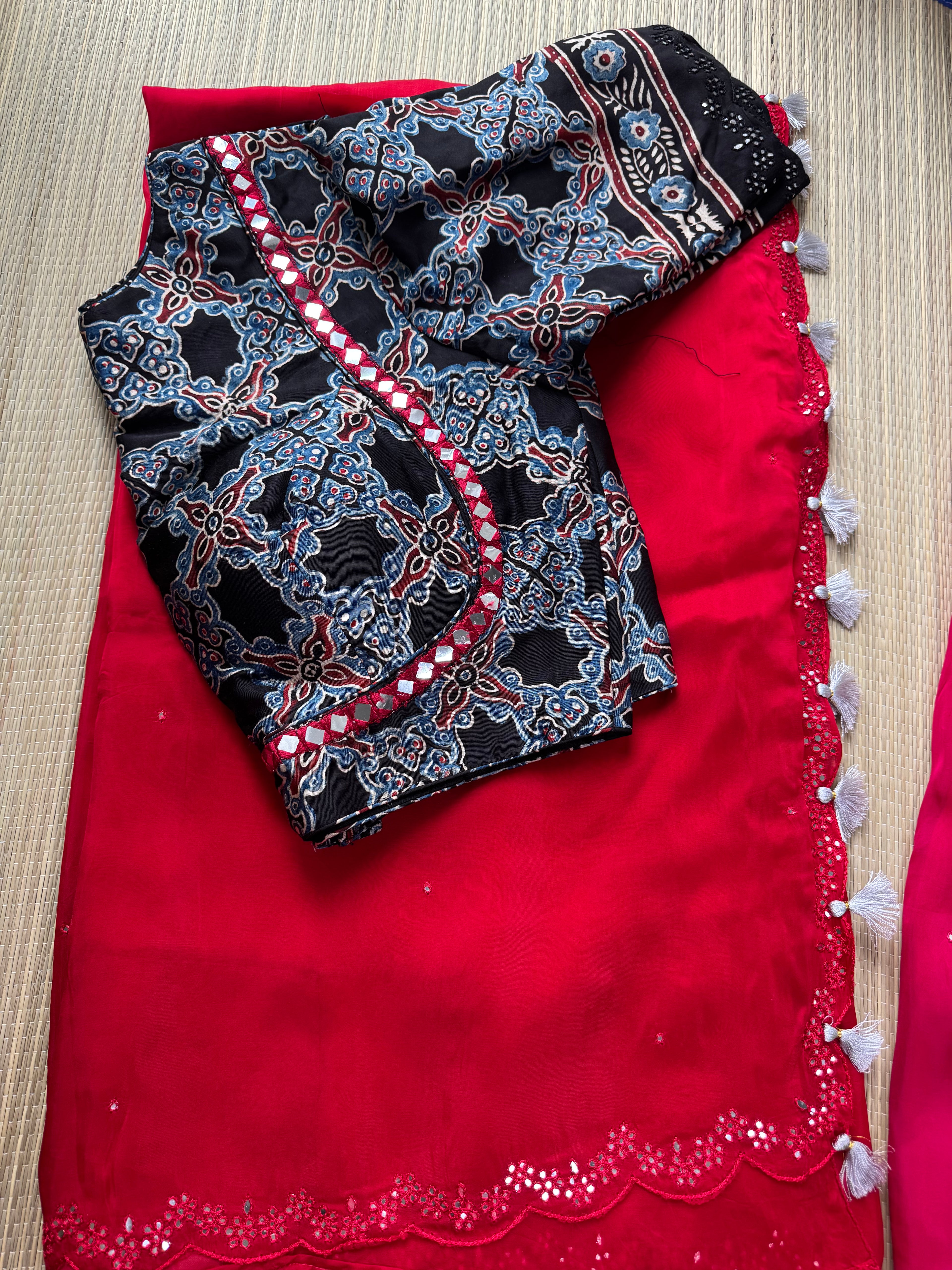 Satin Crepe Saree with Mirror Work Border & Ajrakh Blouse