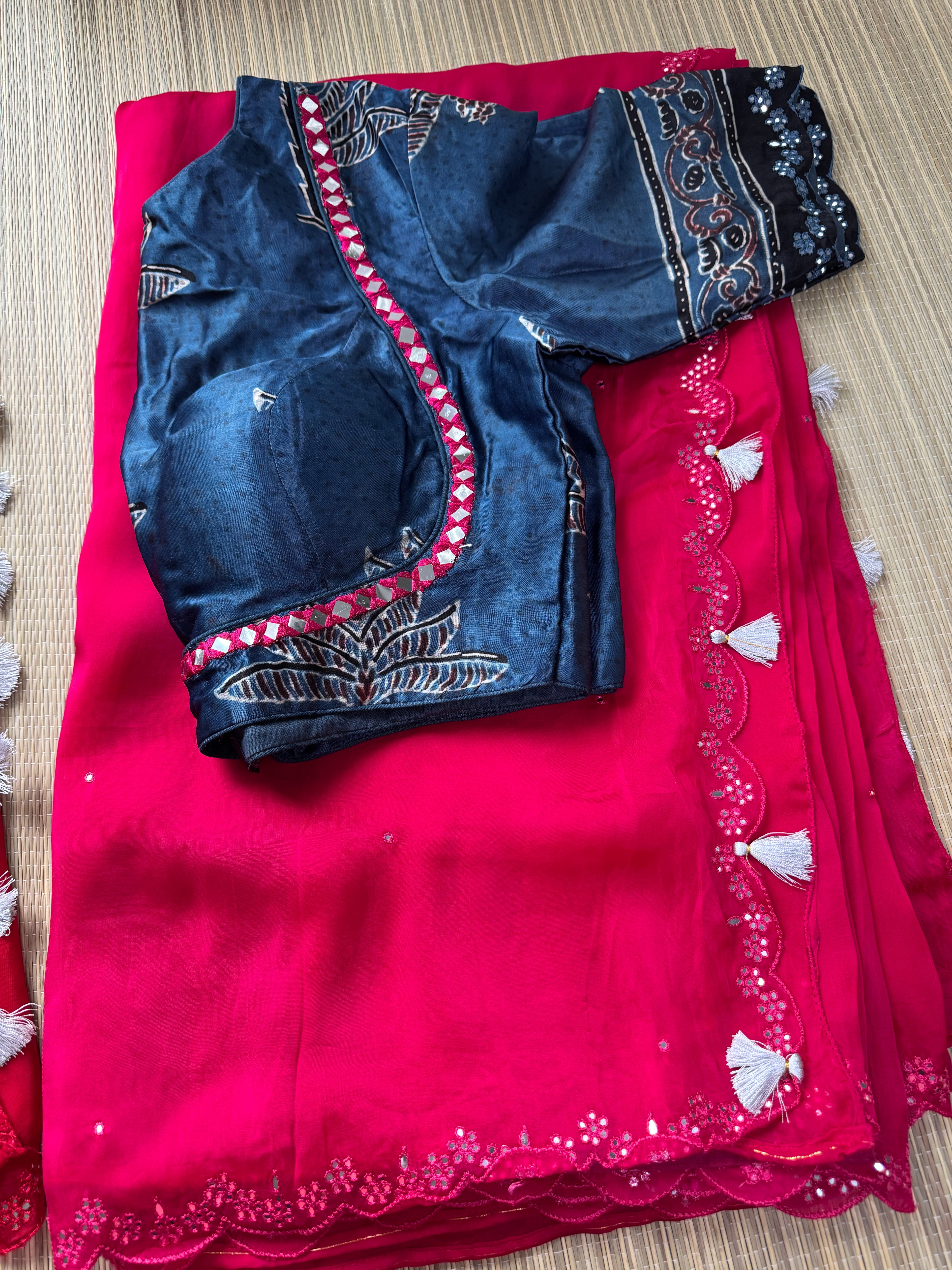 Satin Crepe Saree with Mirror Work Border & Ajrakh Blouse