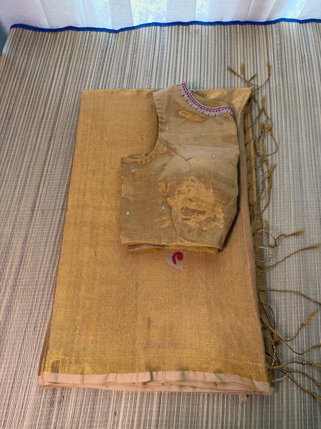 Tissue Jamdani Saree with Allover Motifs- Gold