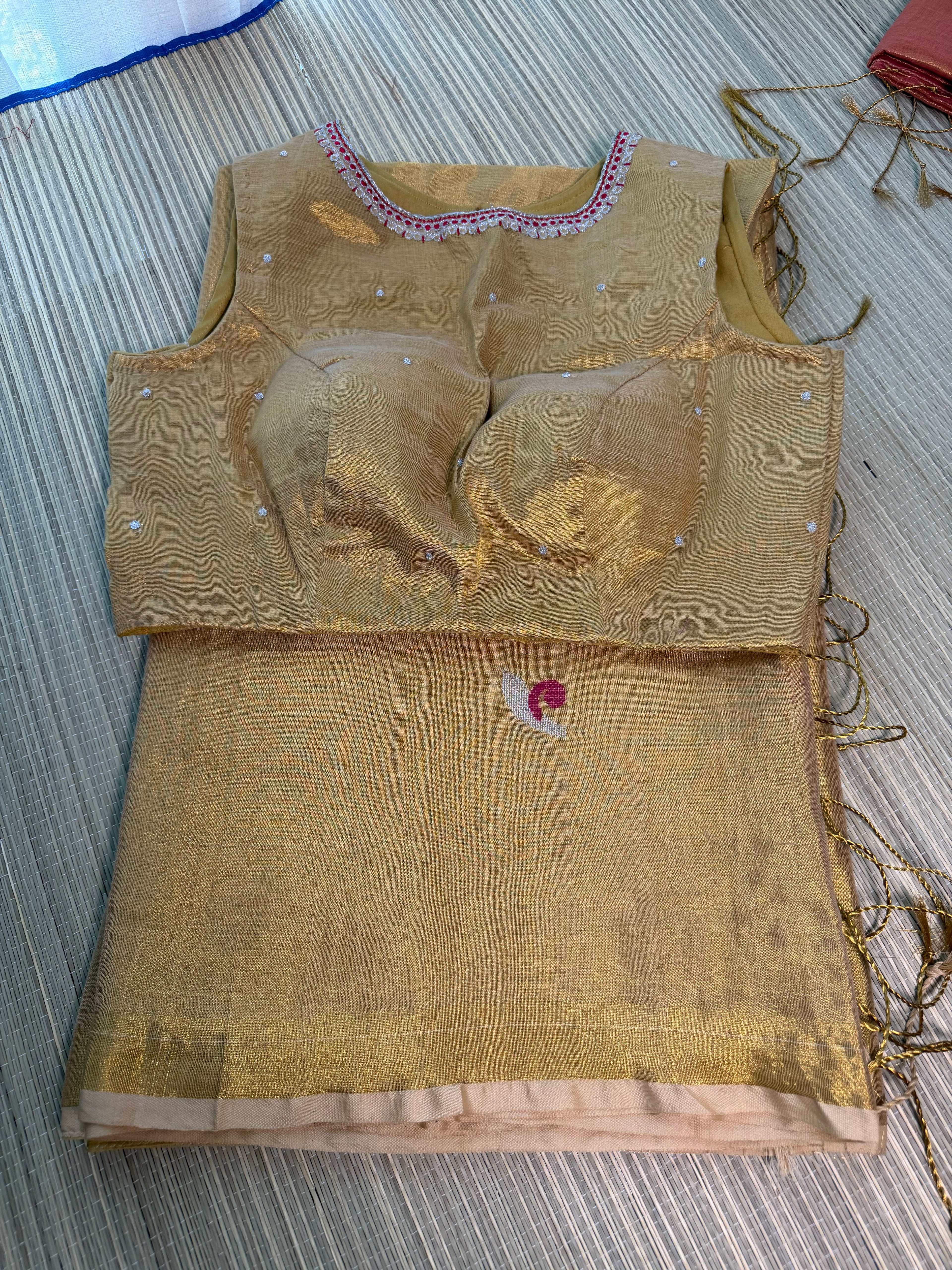Tissue Jamdani Saree with Allover Motifs- Gold
