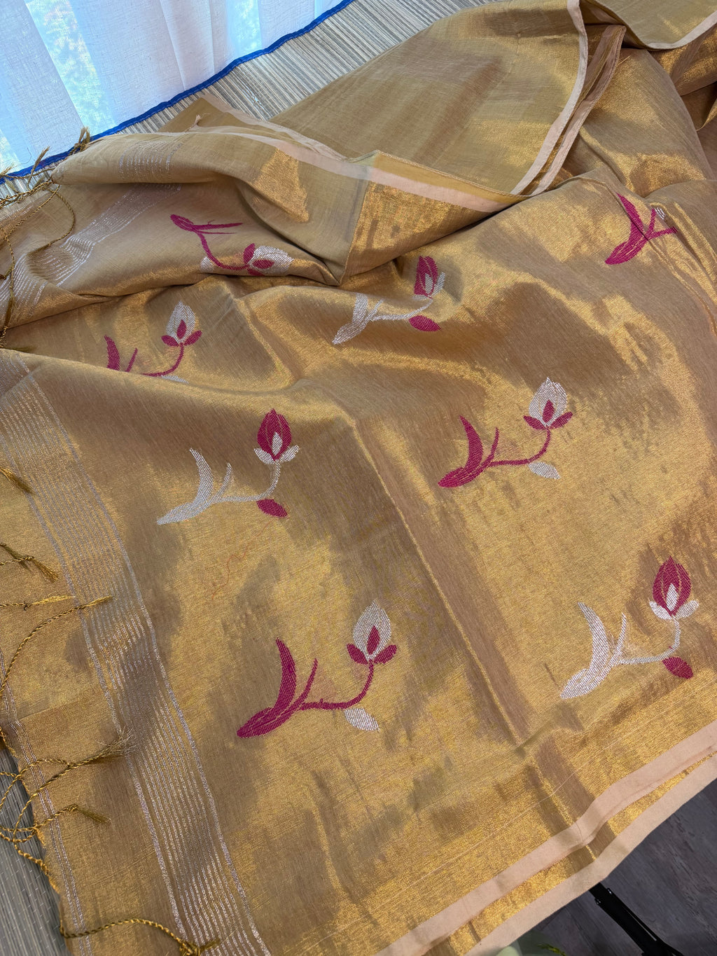 Tissue Jamdani Saree with Allover Motifs- Gold