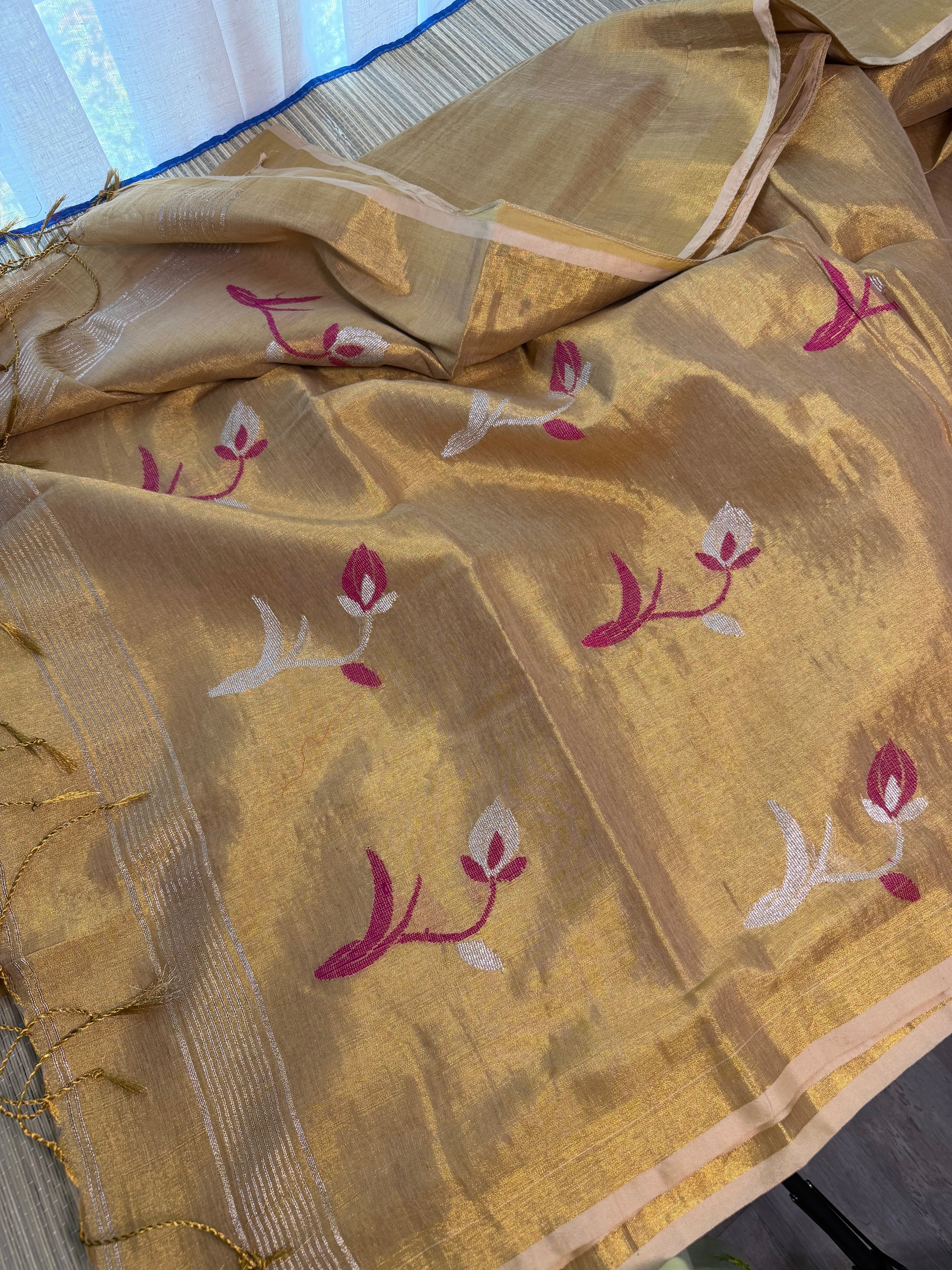 Tissue Jamdani Saree with Allover Motifs- Gold