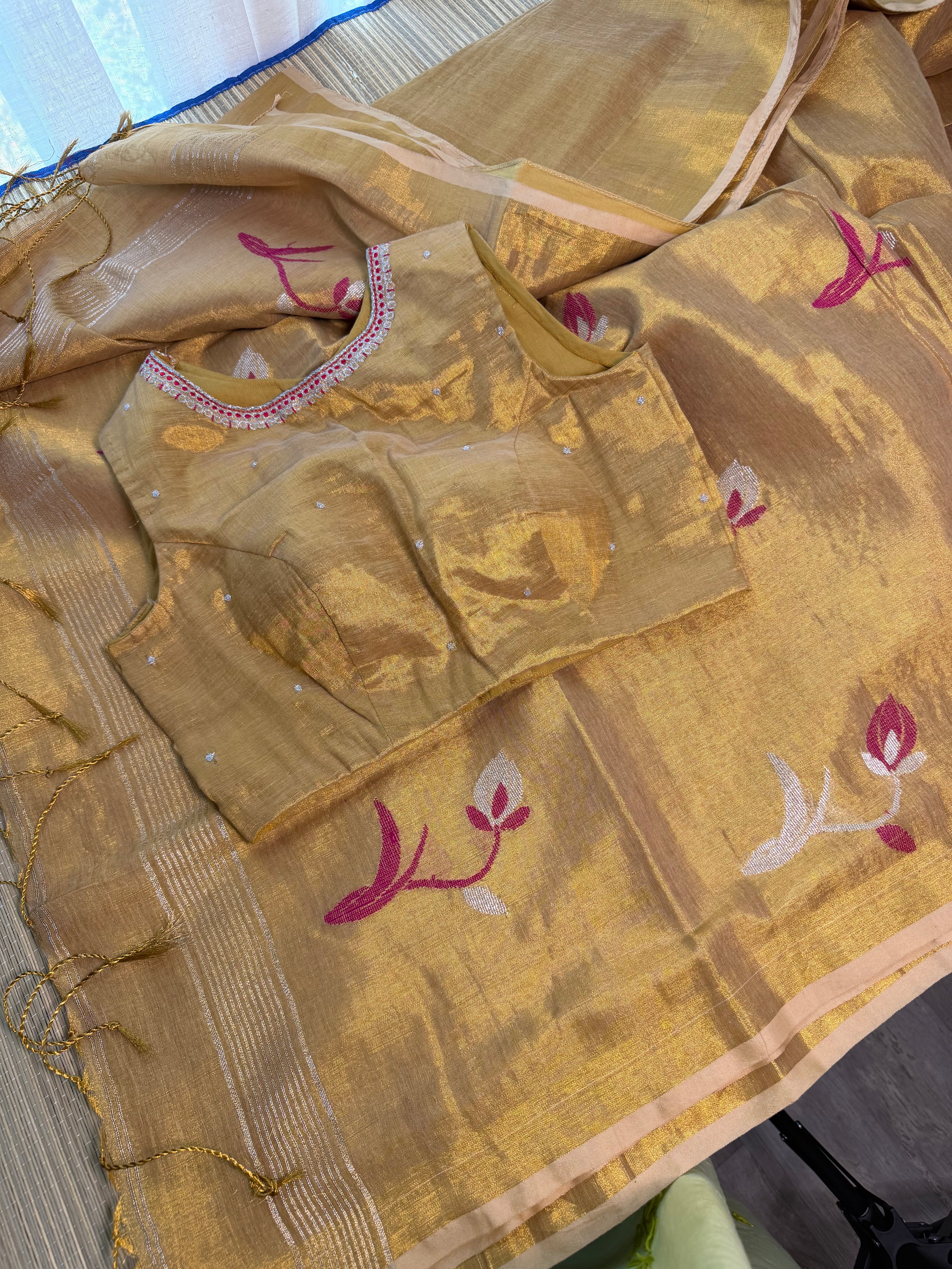 Tissue Jamdani Saree with Allover Motifs- Gold