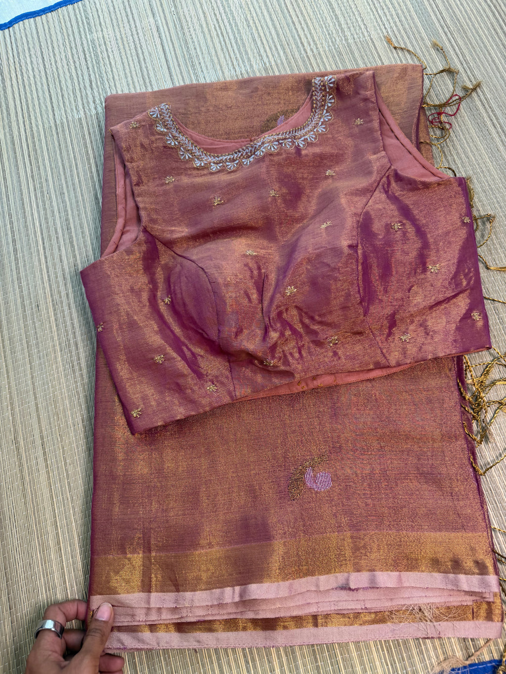 Tissue Jamdani Saree with Allover Motifs- Rose gold