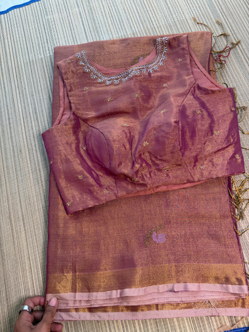Tissue Jamdani Saree with Allover Motifs- Rose gold