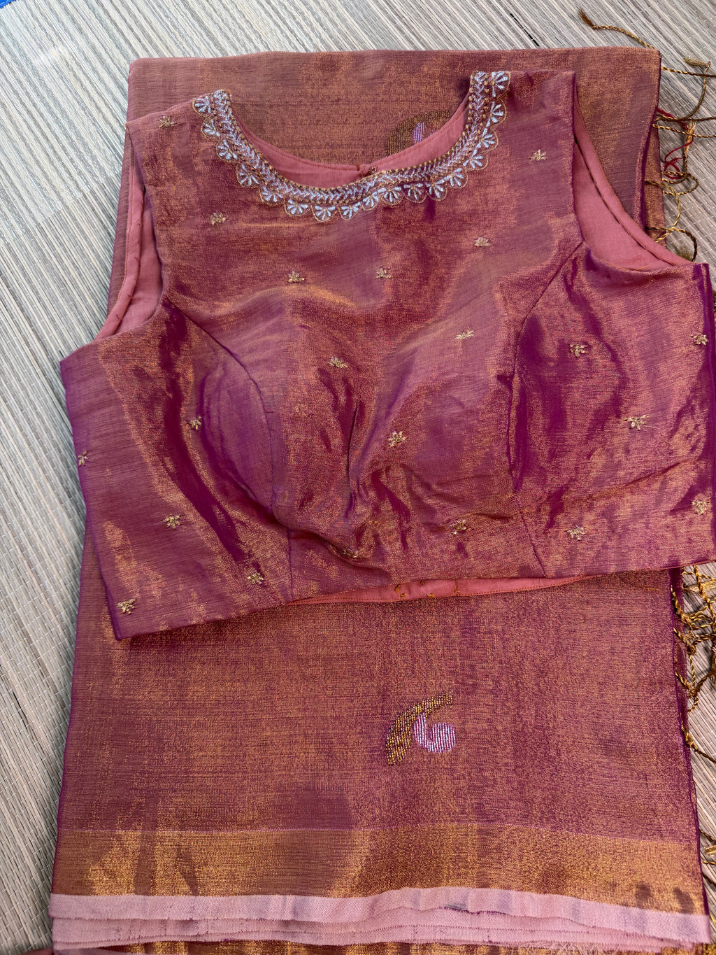 Tissue Jamdani Saree with Allover Motifs- Rose gold