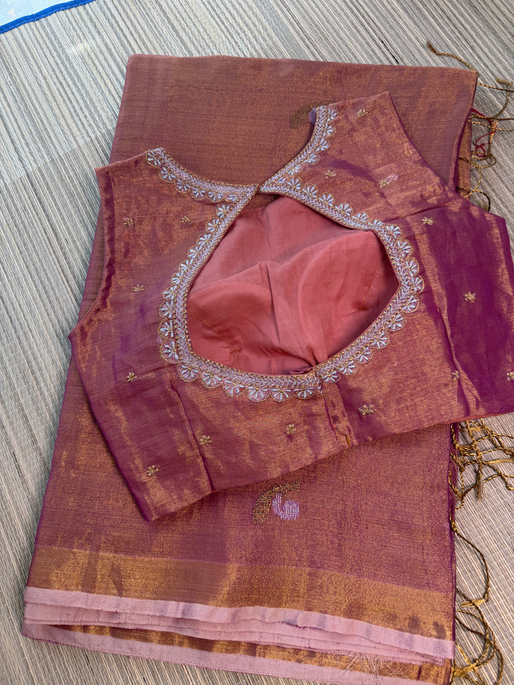 Tissue Jamdani Saree with Allover Motifs- Rose gold