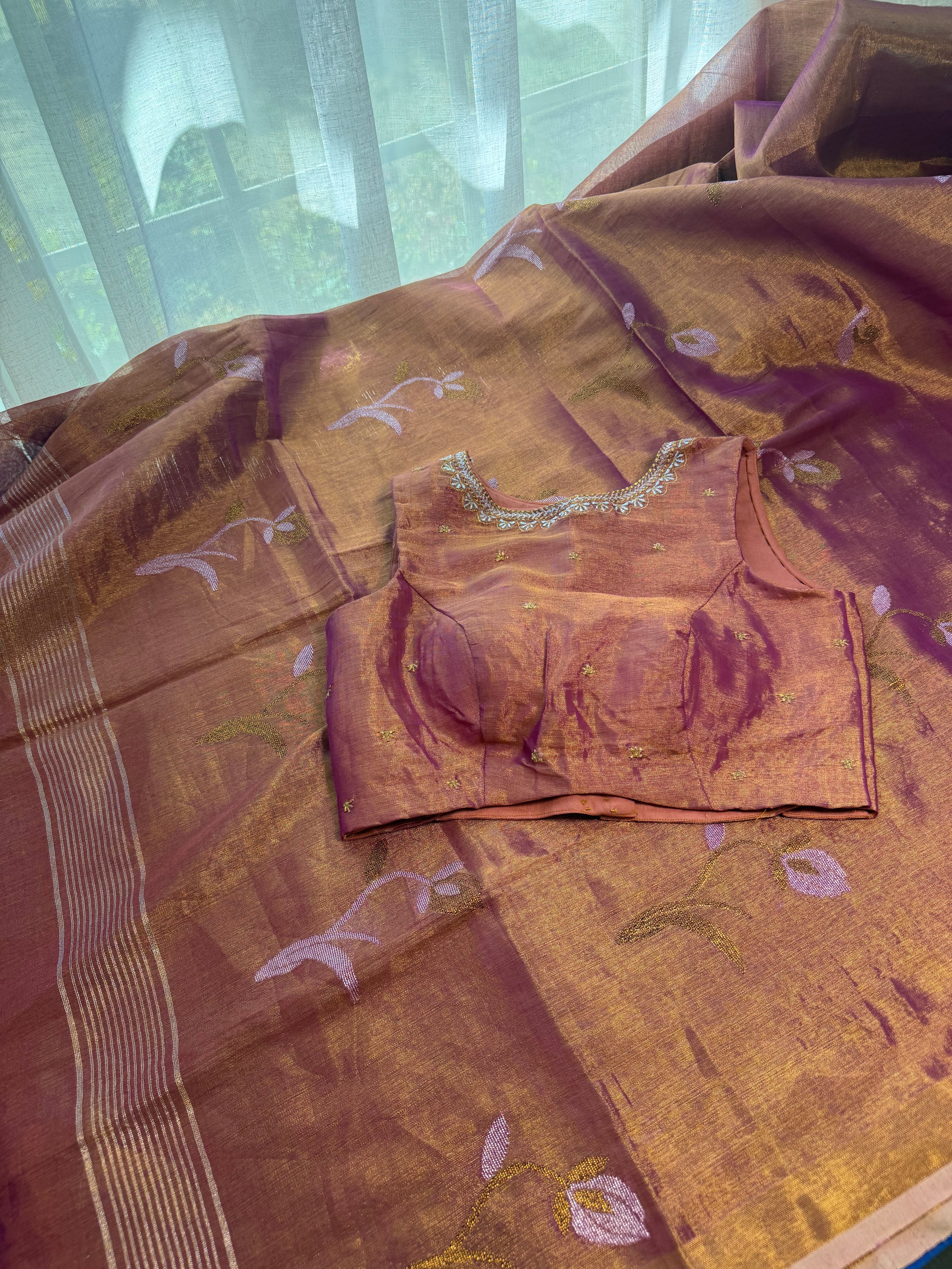 Tissue Jamdani Saree with Allover Motifs- Orange